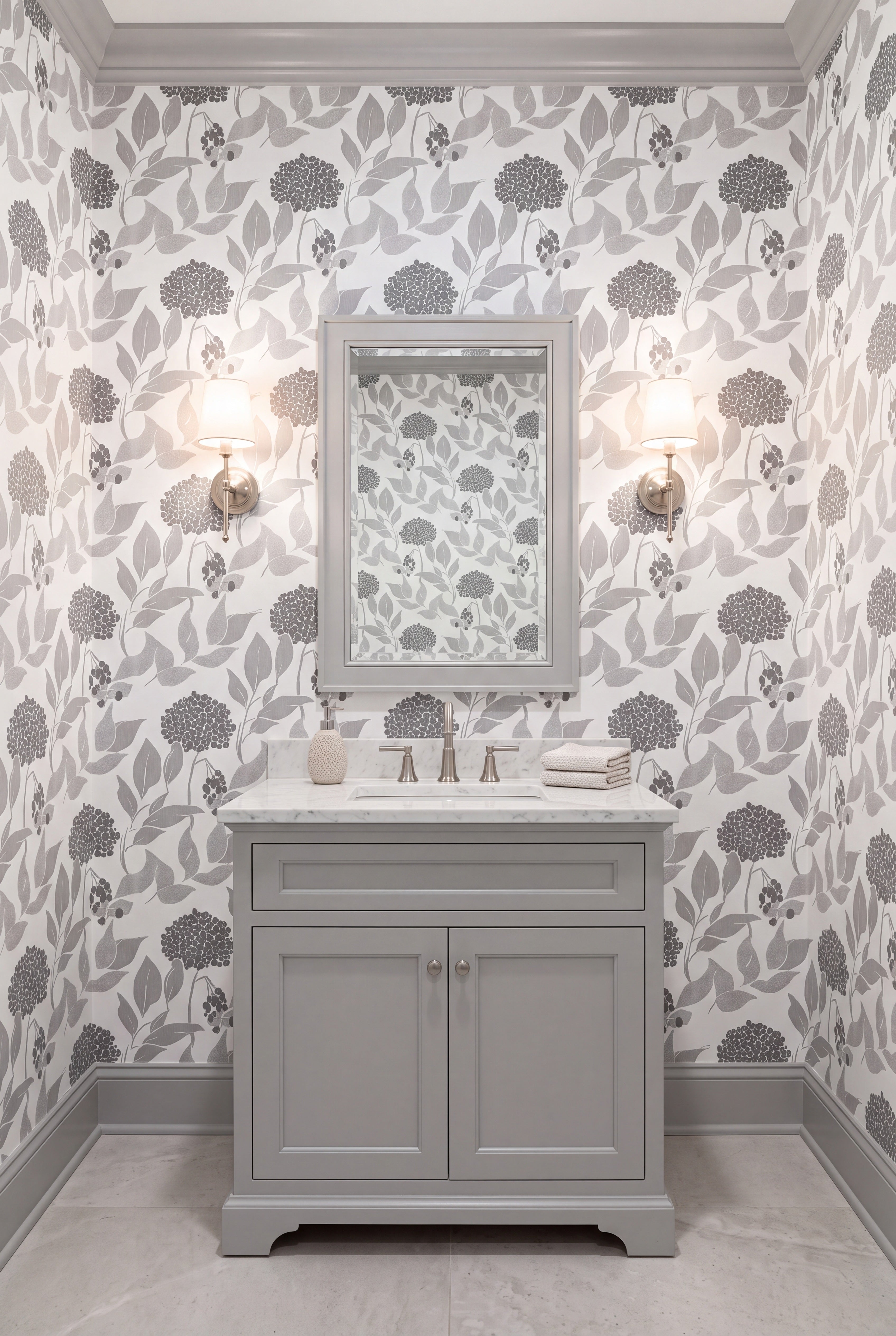 Ash Leaf wallpaper shown in a powder room