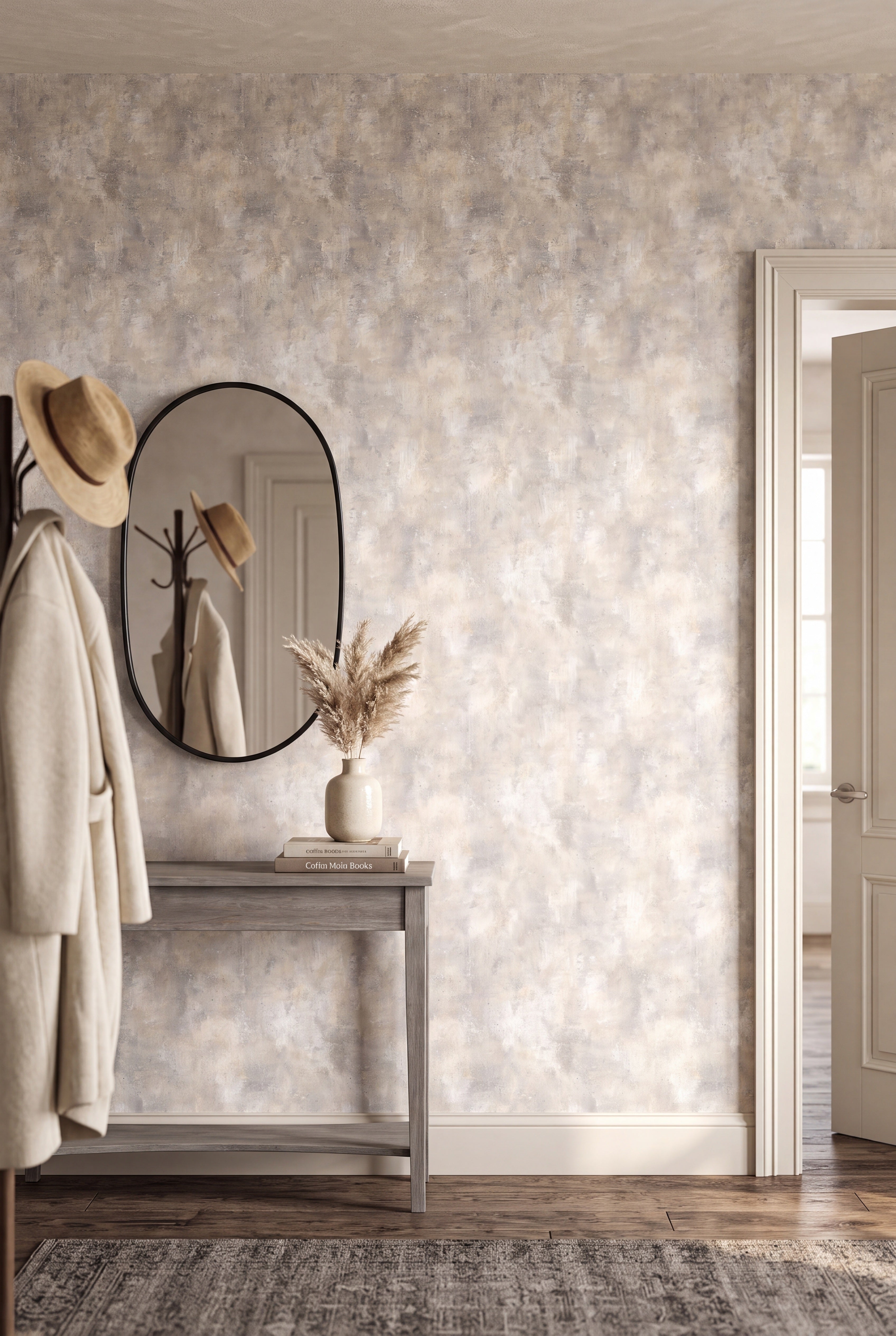 Putty Wash wallpaper shown in an entryway