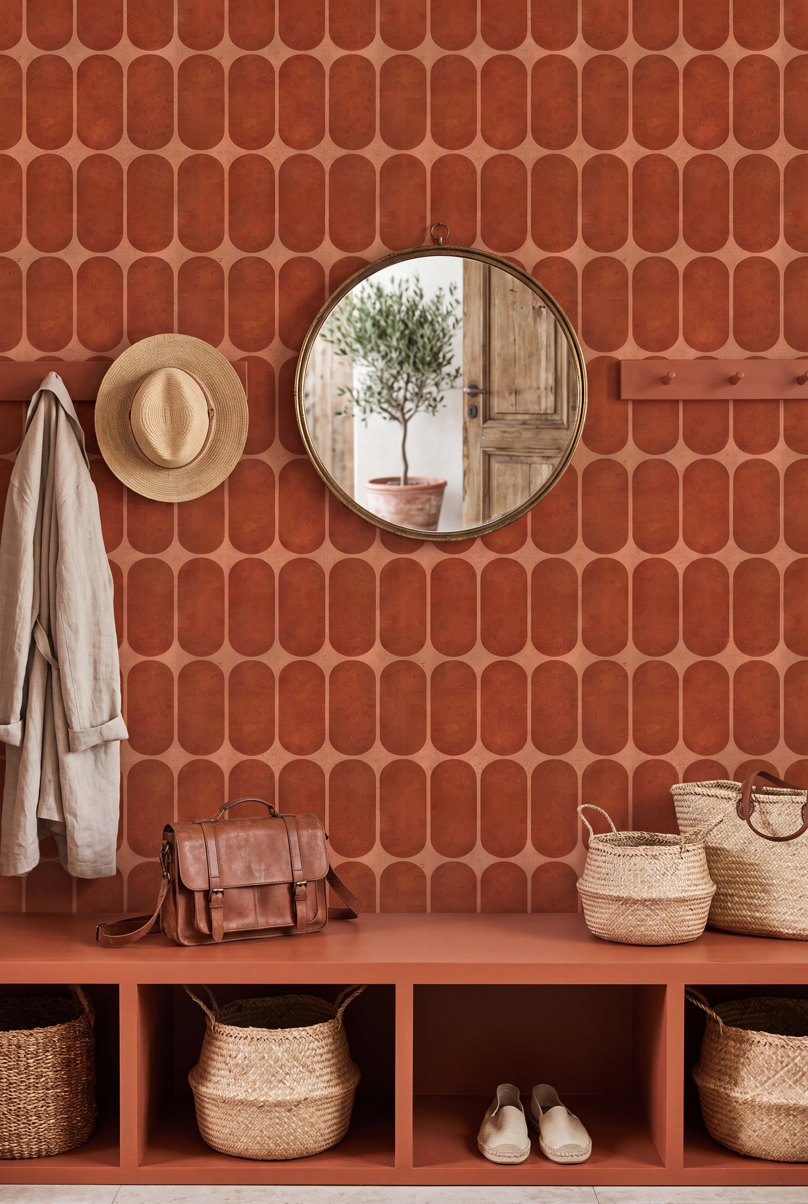 Retro Adobe wallpaper shown in a mudroom