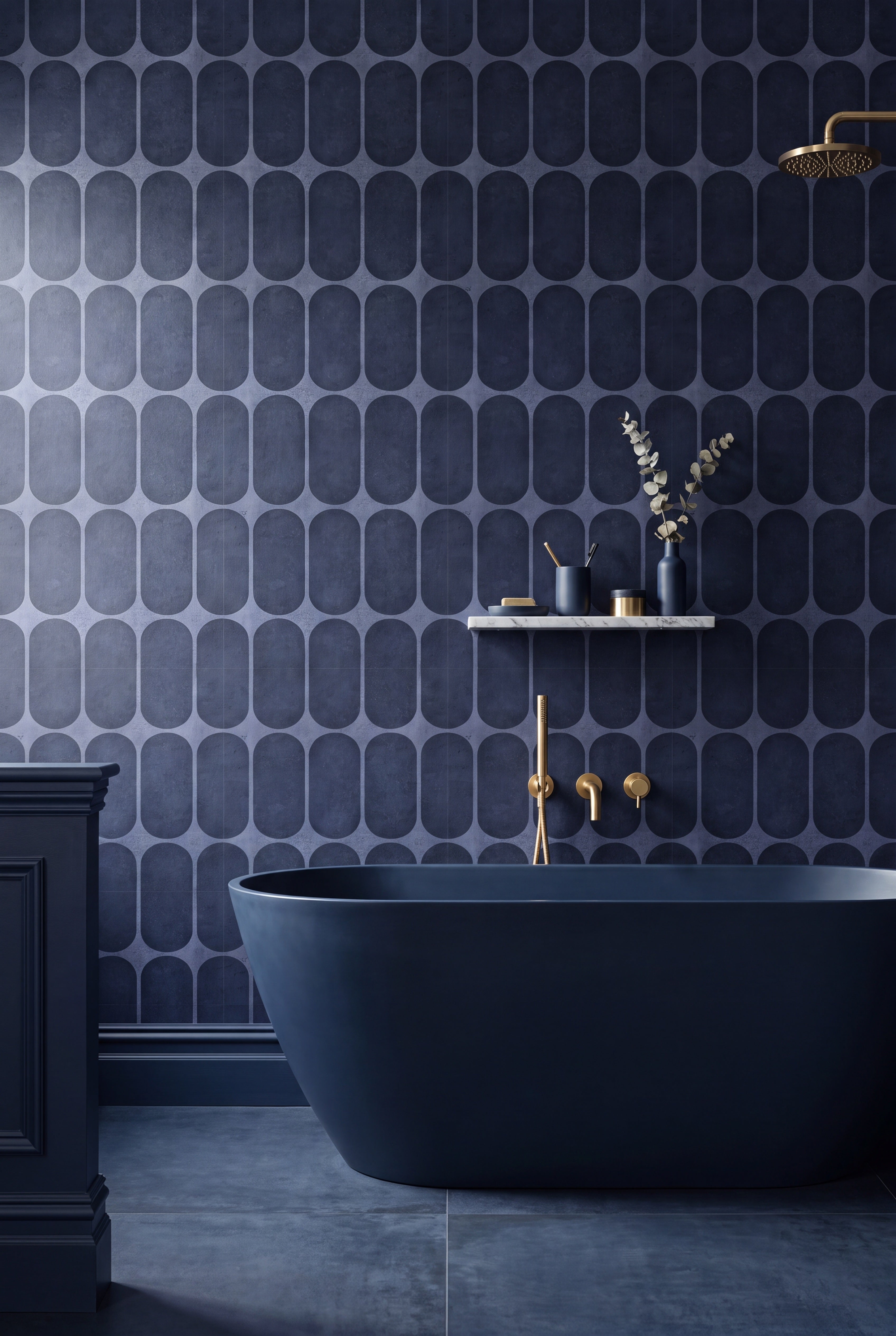Navy Mod wallpaper shown in a bathroom
