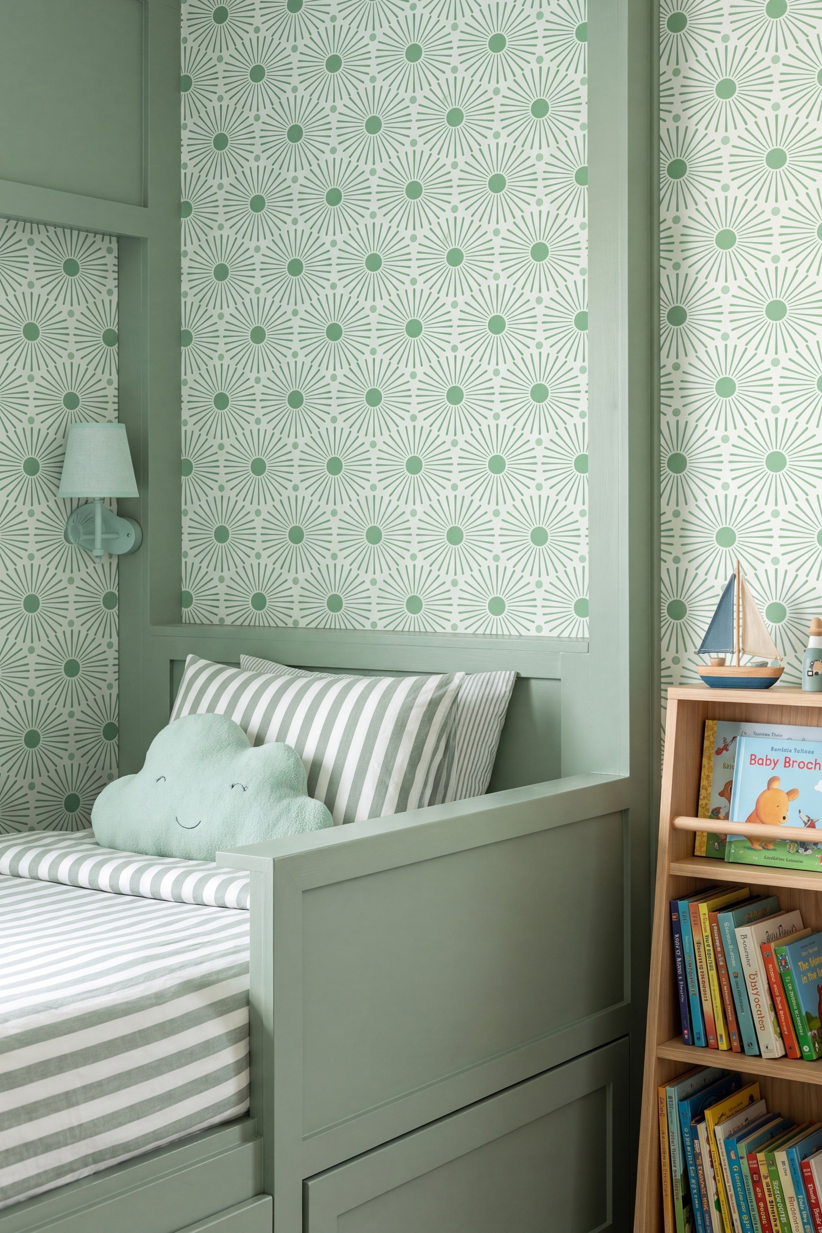 Mint Sunburst wallpaper shown in a kids room