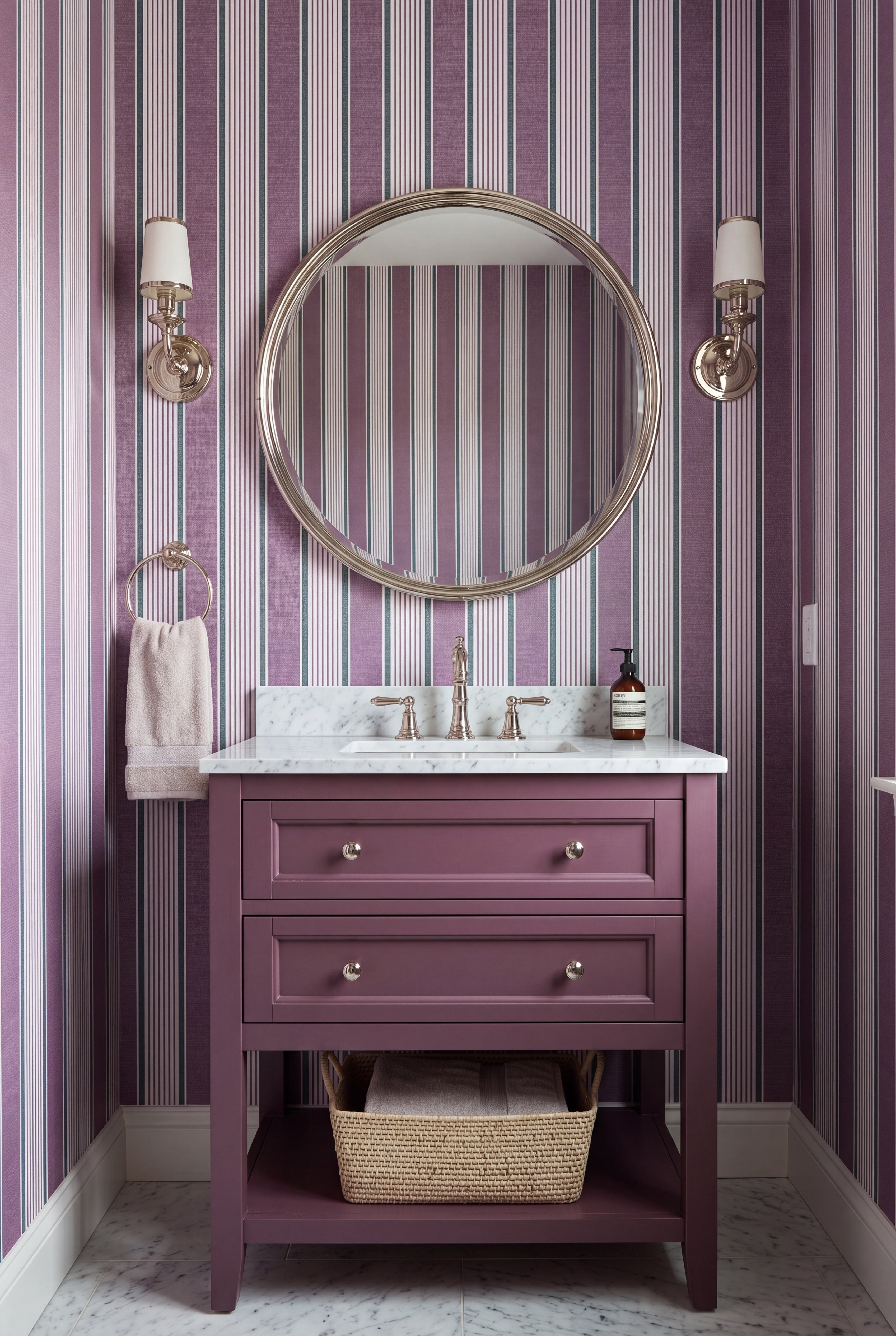 Thistle Stripe wallpaper shown in a powder room