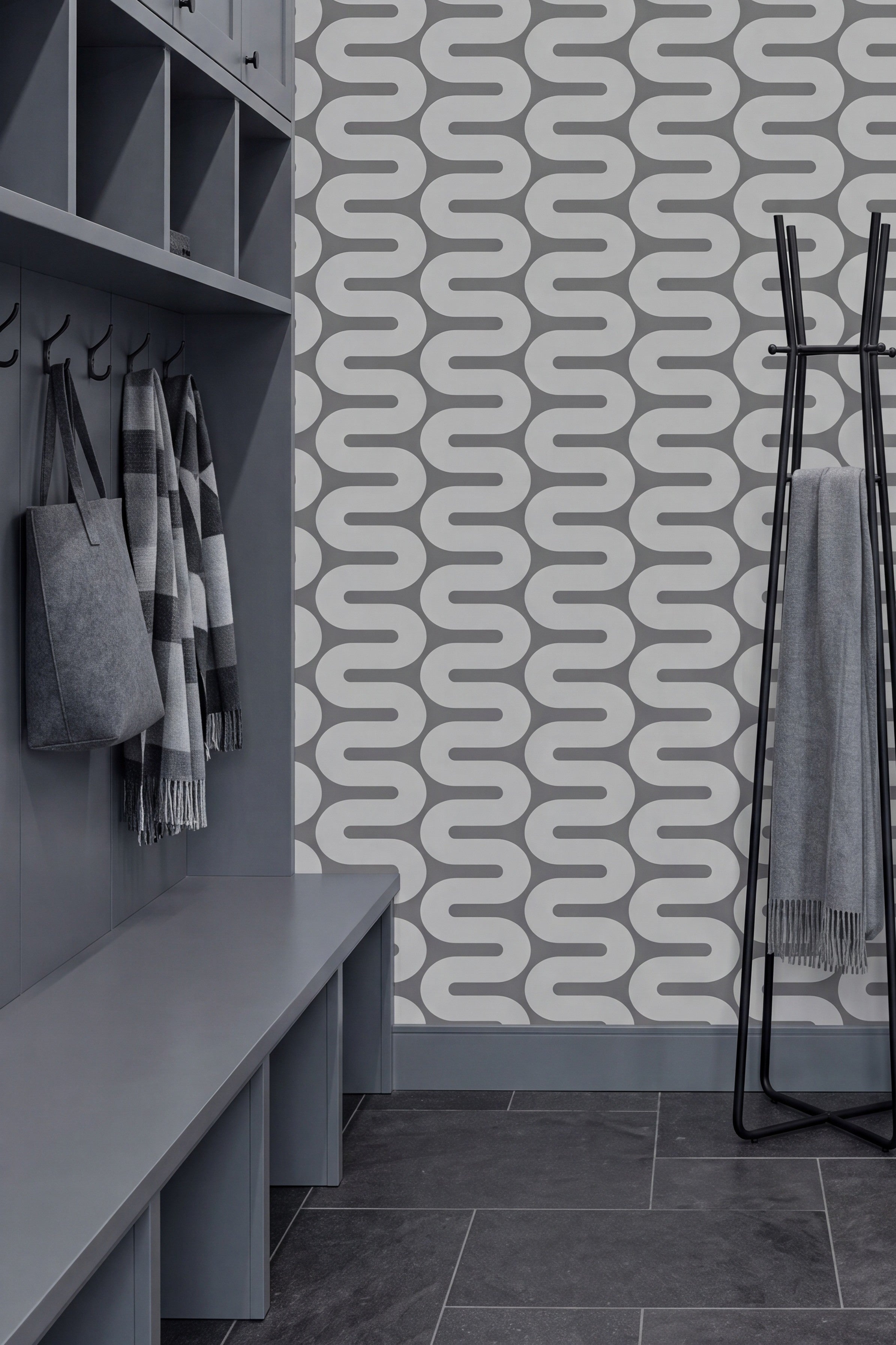 Charcoal Wave wallpaper shown in a mudroom