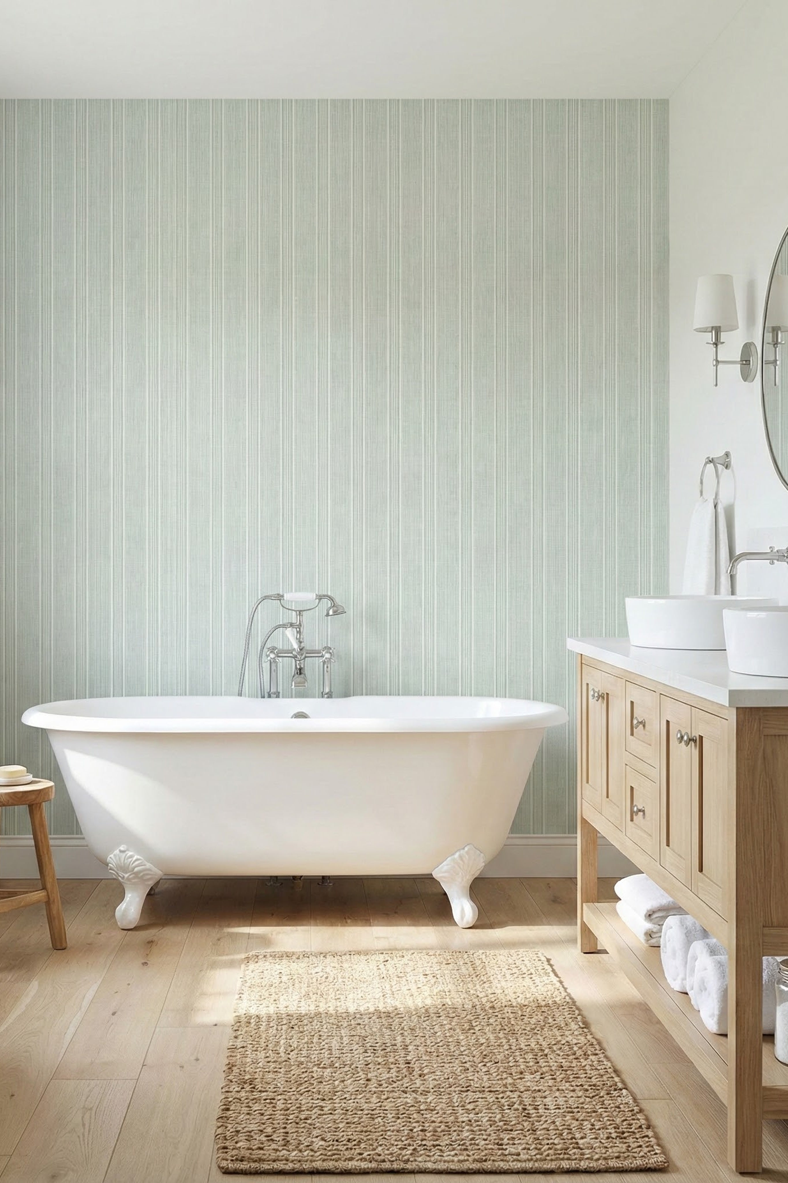 Sage Pinstripe wallpaper shown in a bathroom