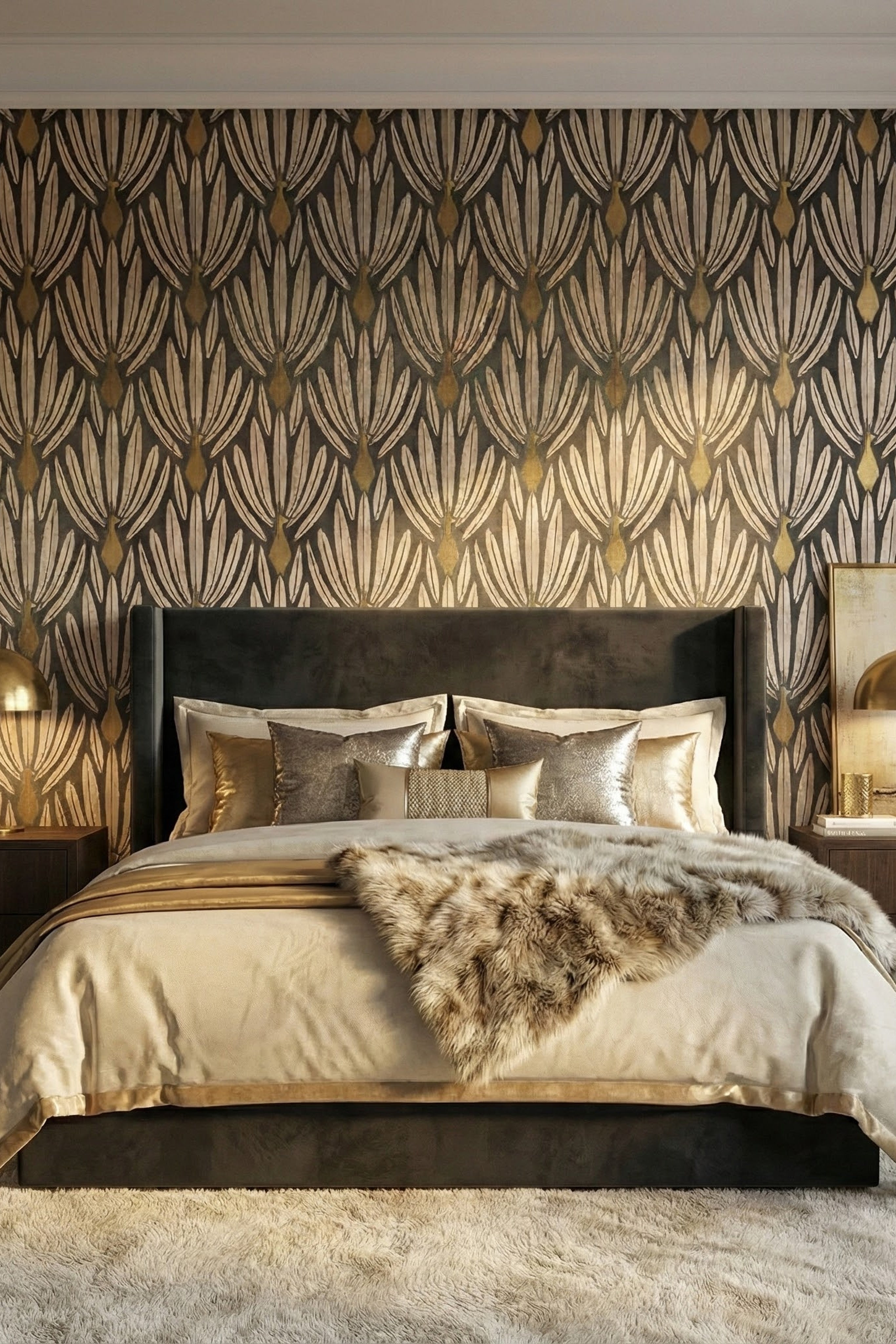 Peacock Deco wallpaper shown in a bedroom