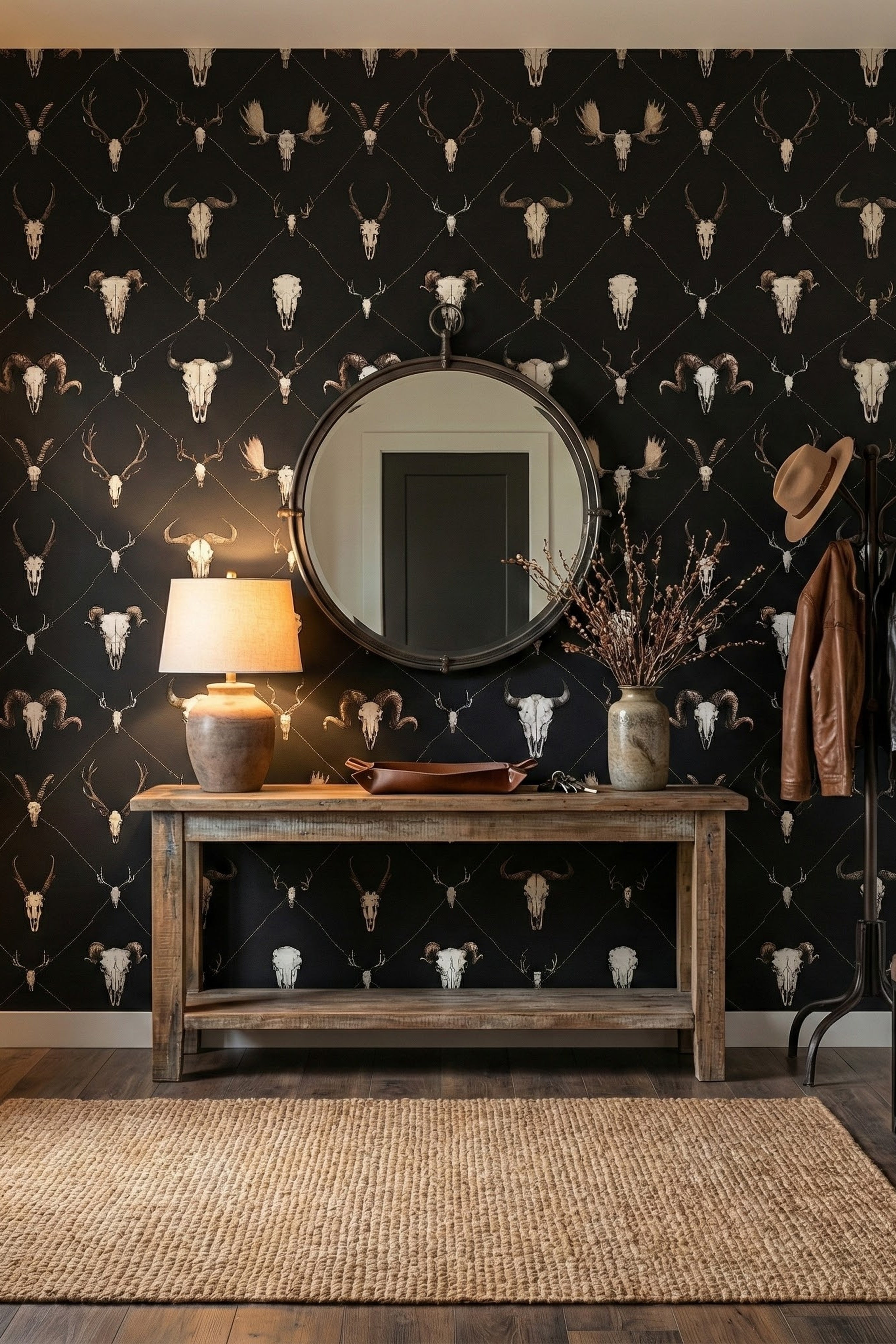 Outlaw wallpaper shown in an entryway
