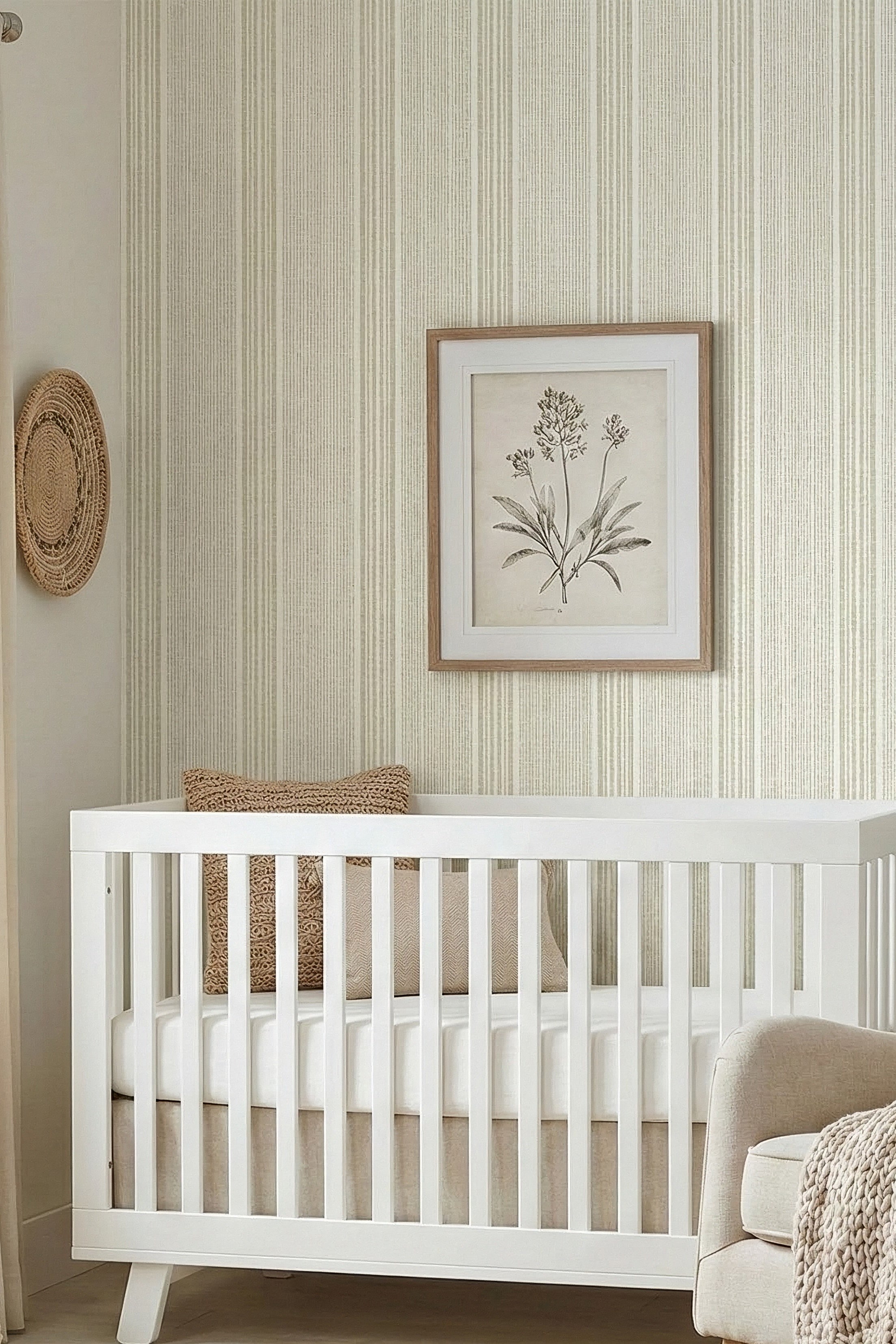 Ticking Stripe wallpaper shown in a nursery