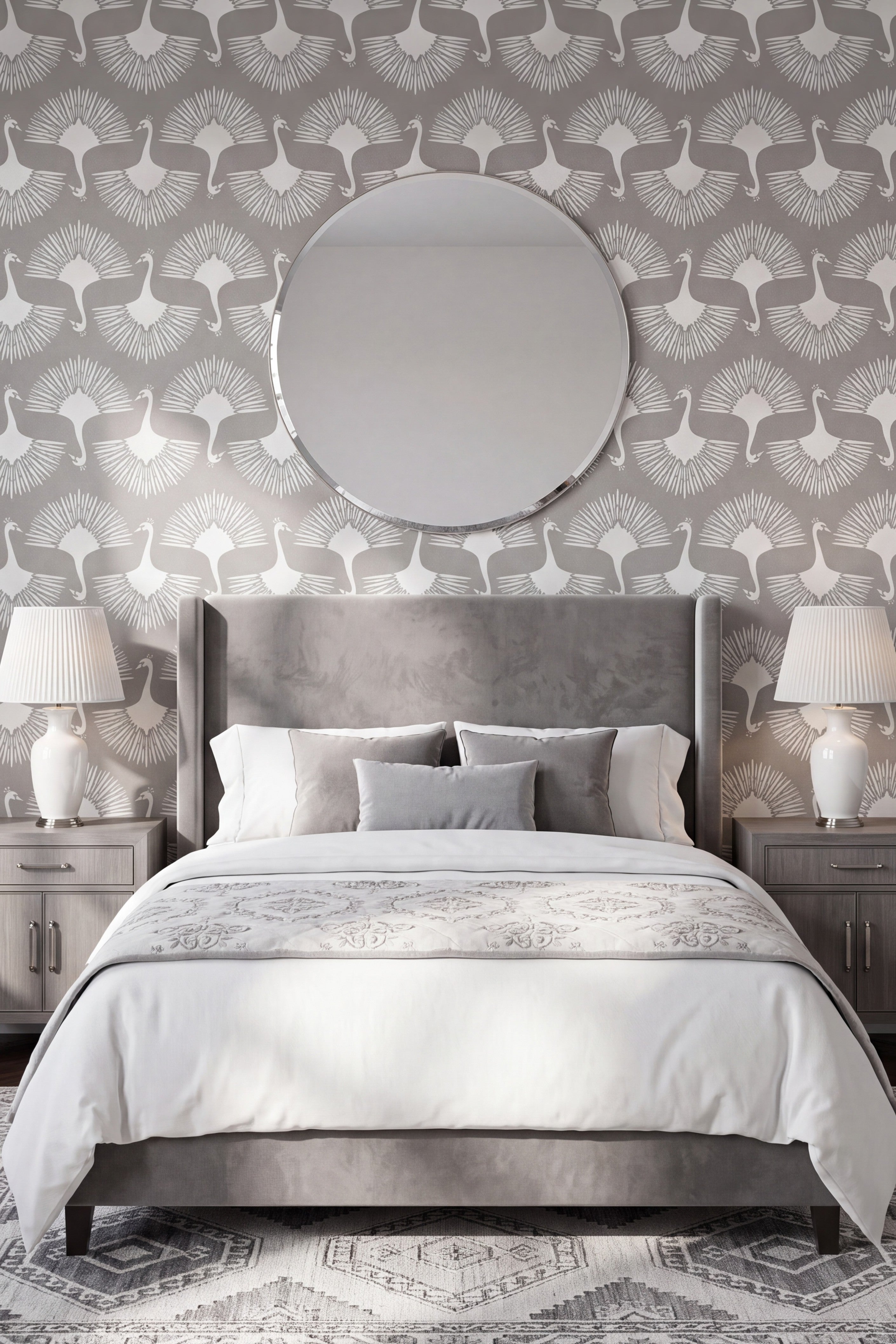 Swan Soirée wallpaper shown in a bedroom
