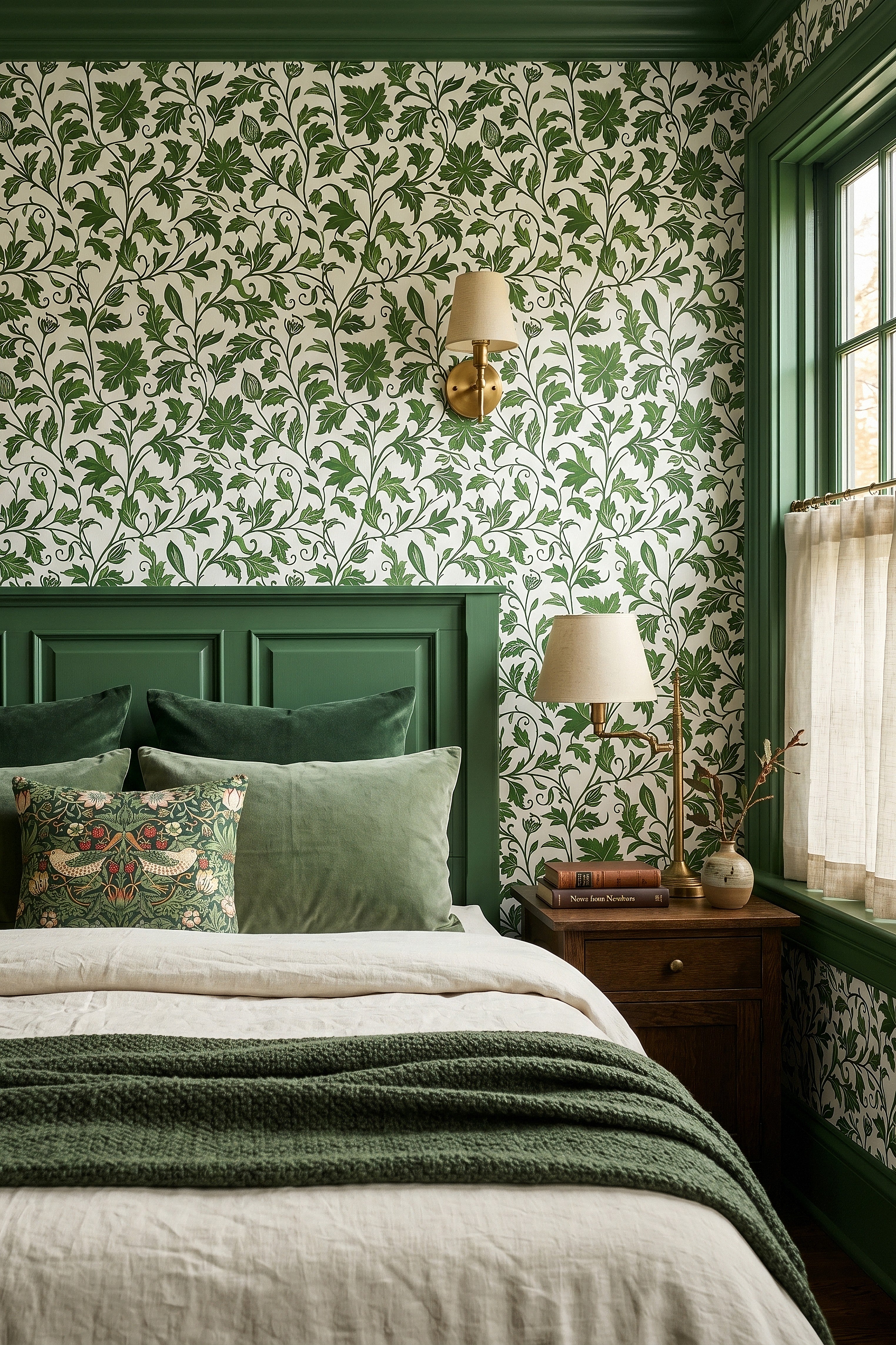 Ivy League wallpaper shown in a bedroom