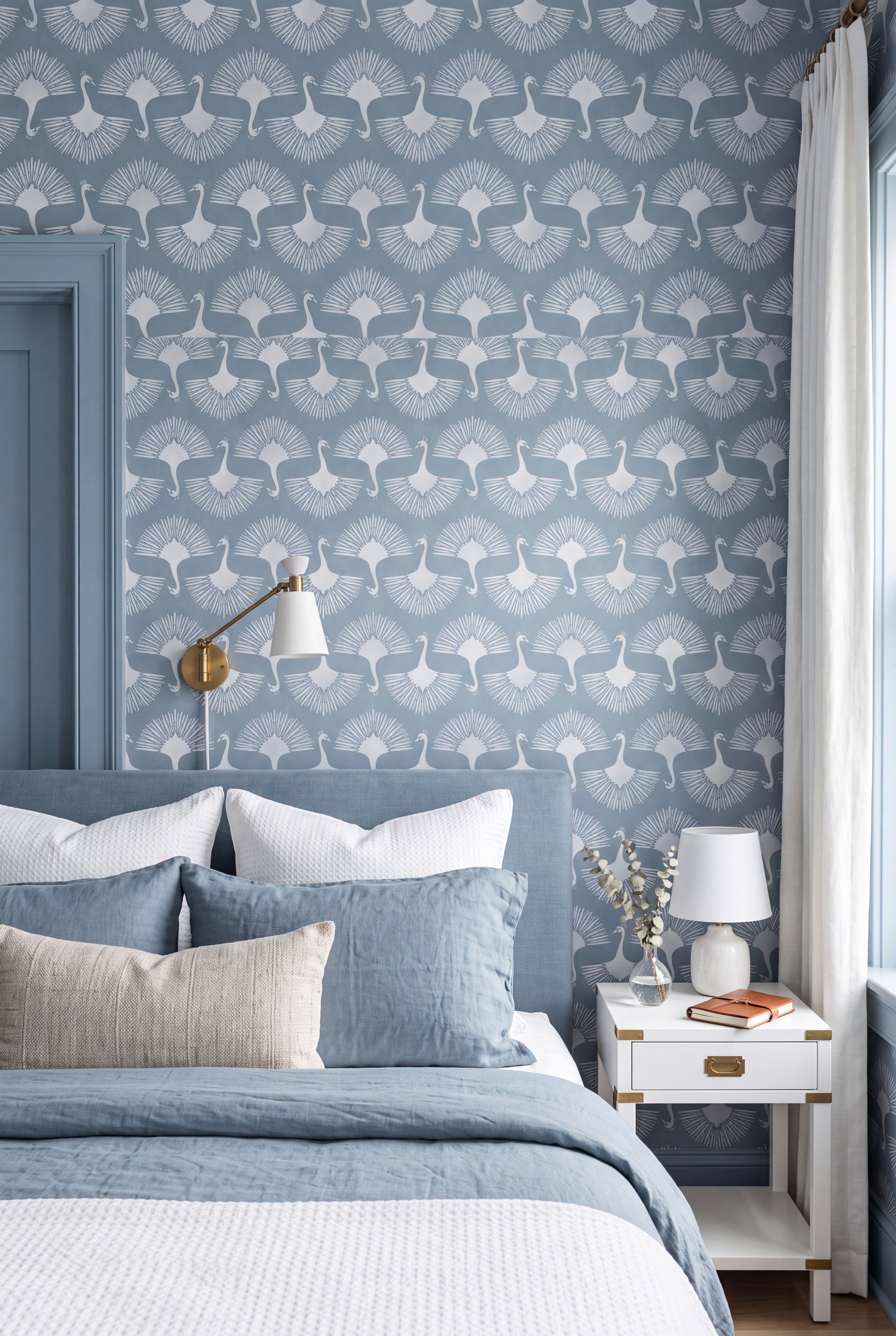 Powder Plume wallpaper shown in a bedroom