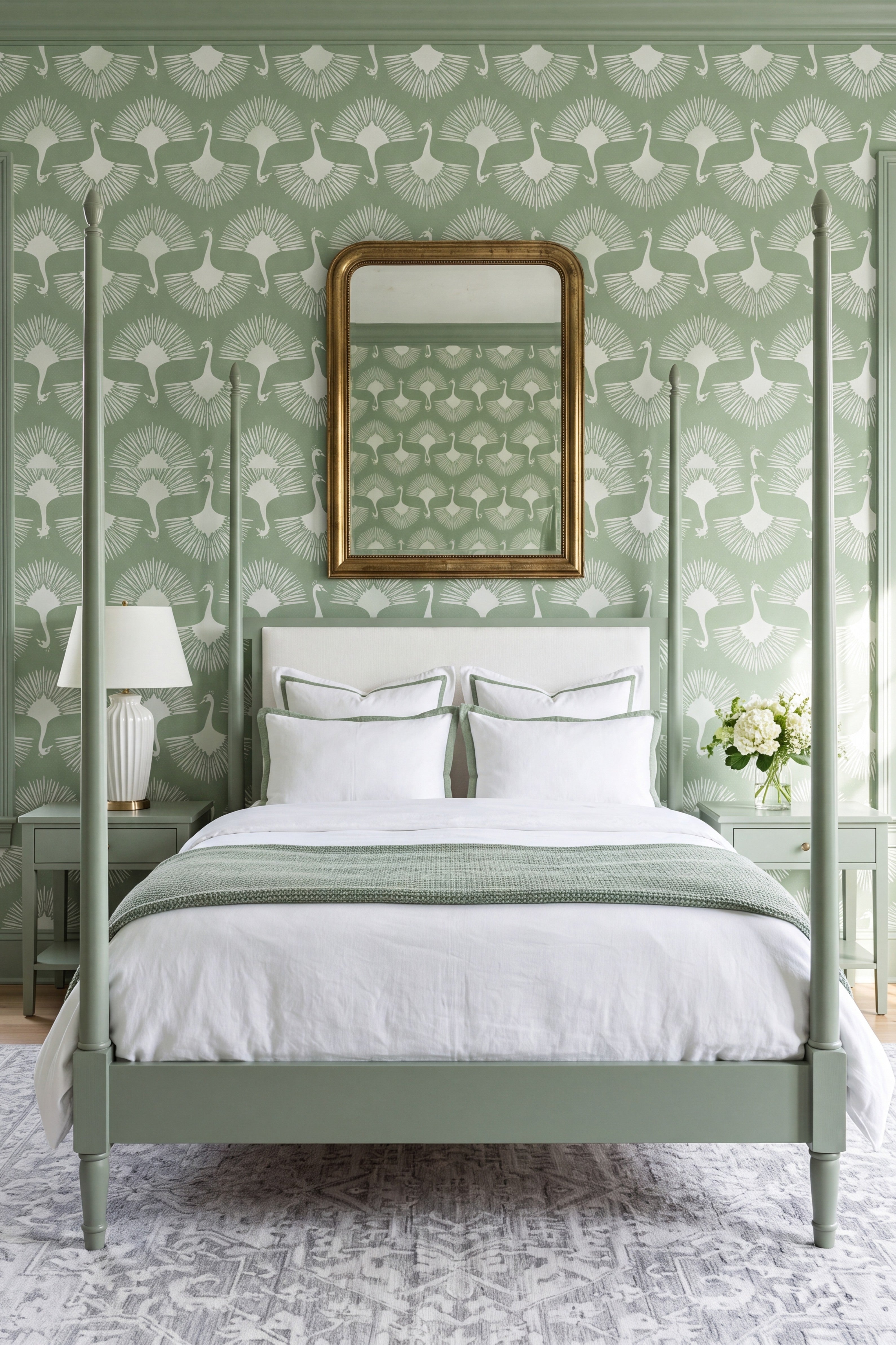 Sage Plume wallpaper shown in a bedroom
