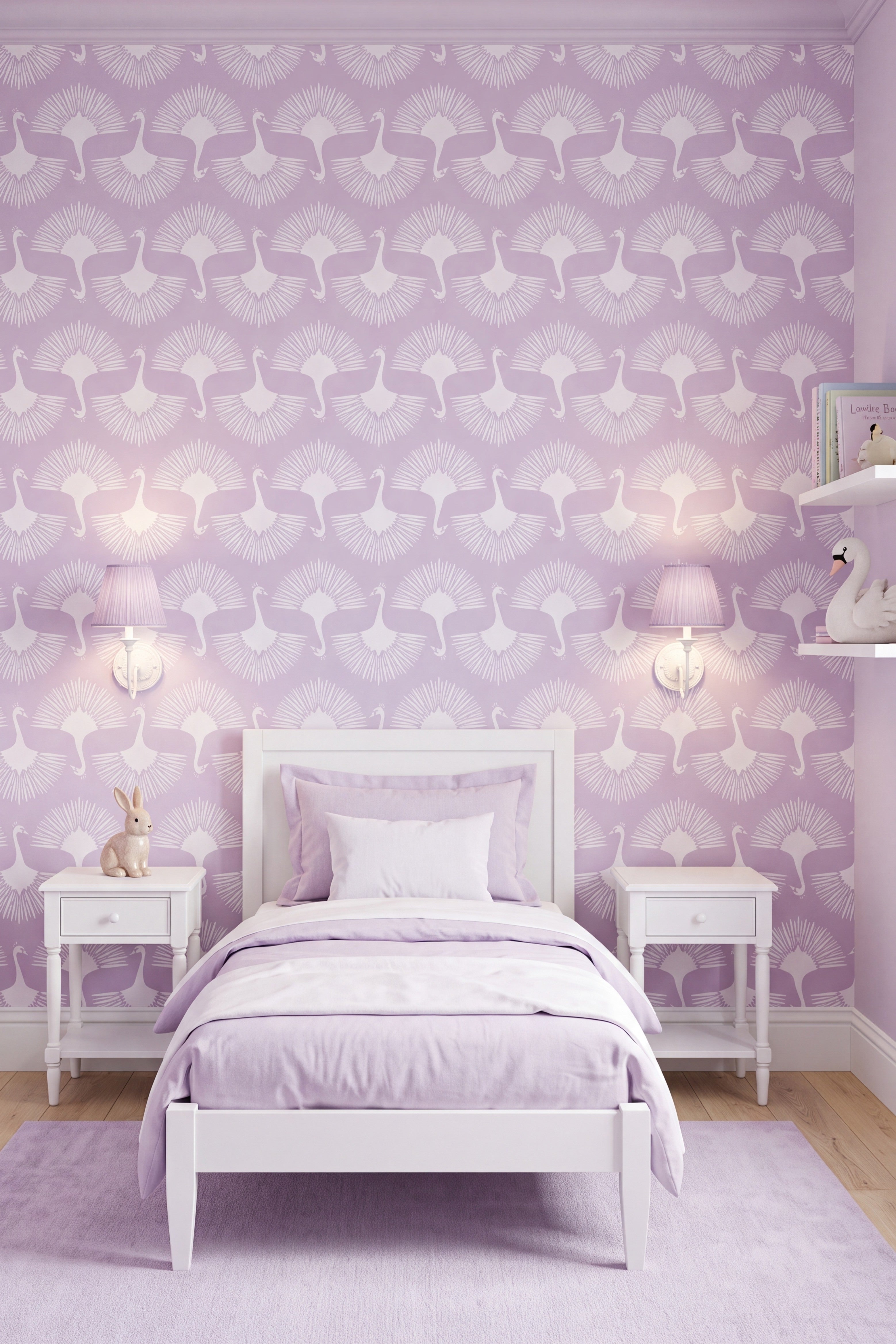 Lilac Plume wallpaper shown in a kids' room