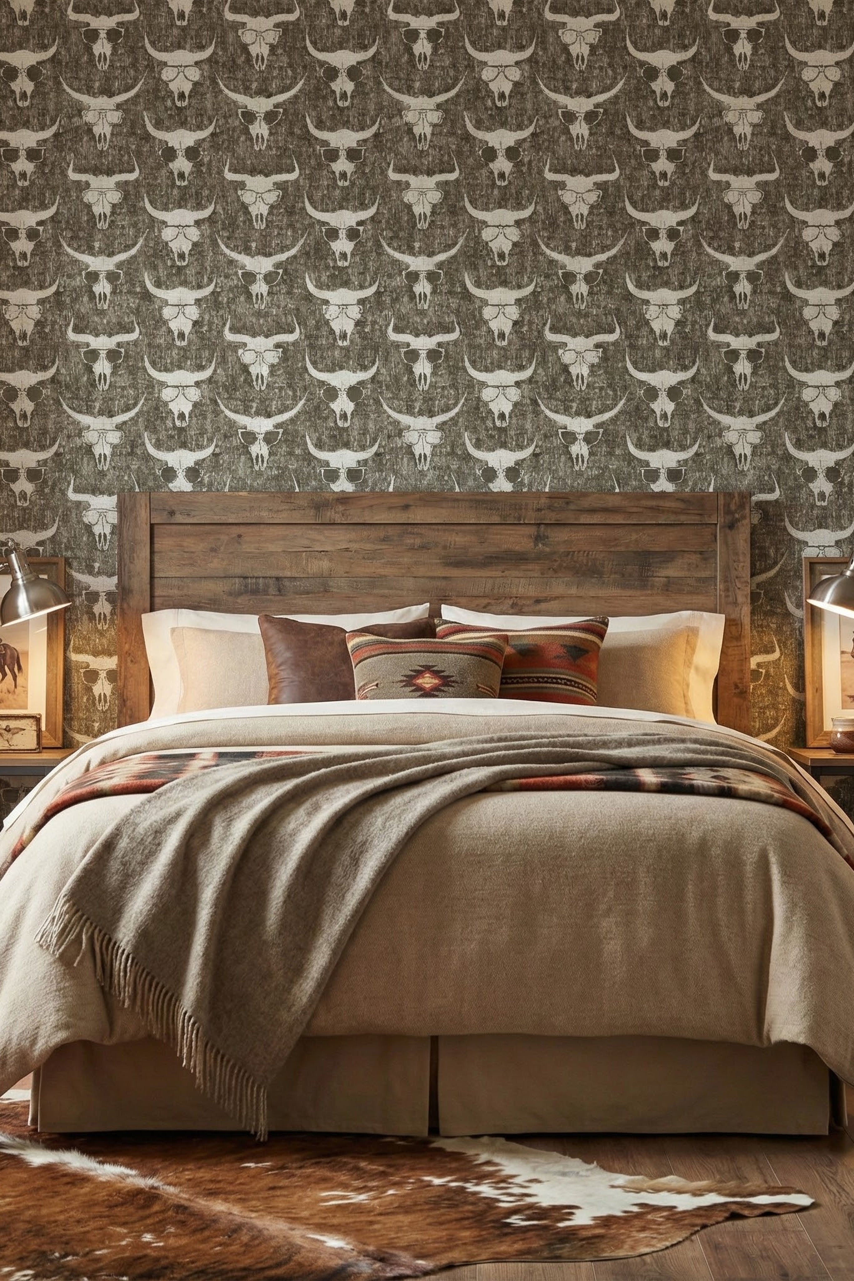 Shady Longhorn wallpaper shown in a bedroom