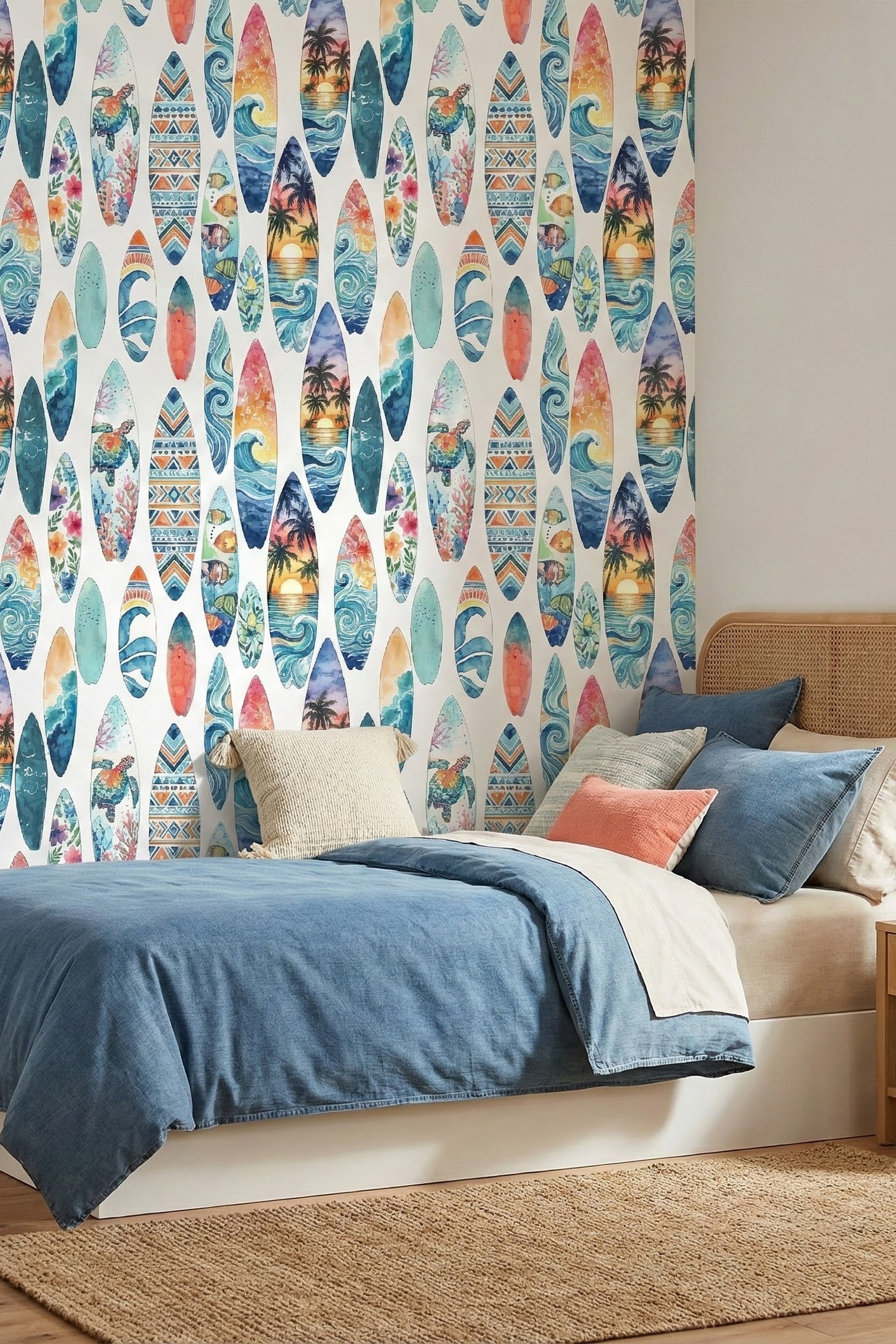 Surf's Up wallpaper shown in a bedroom