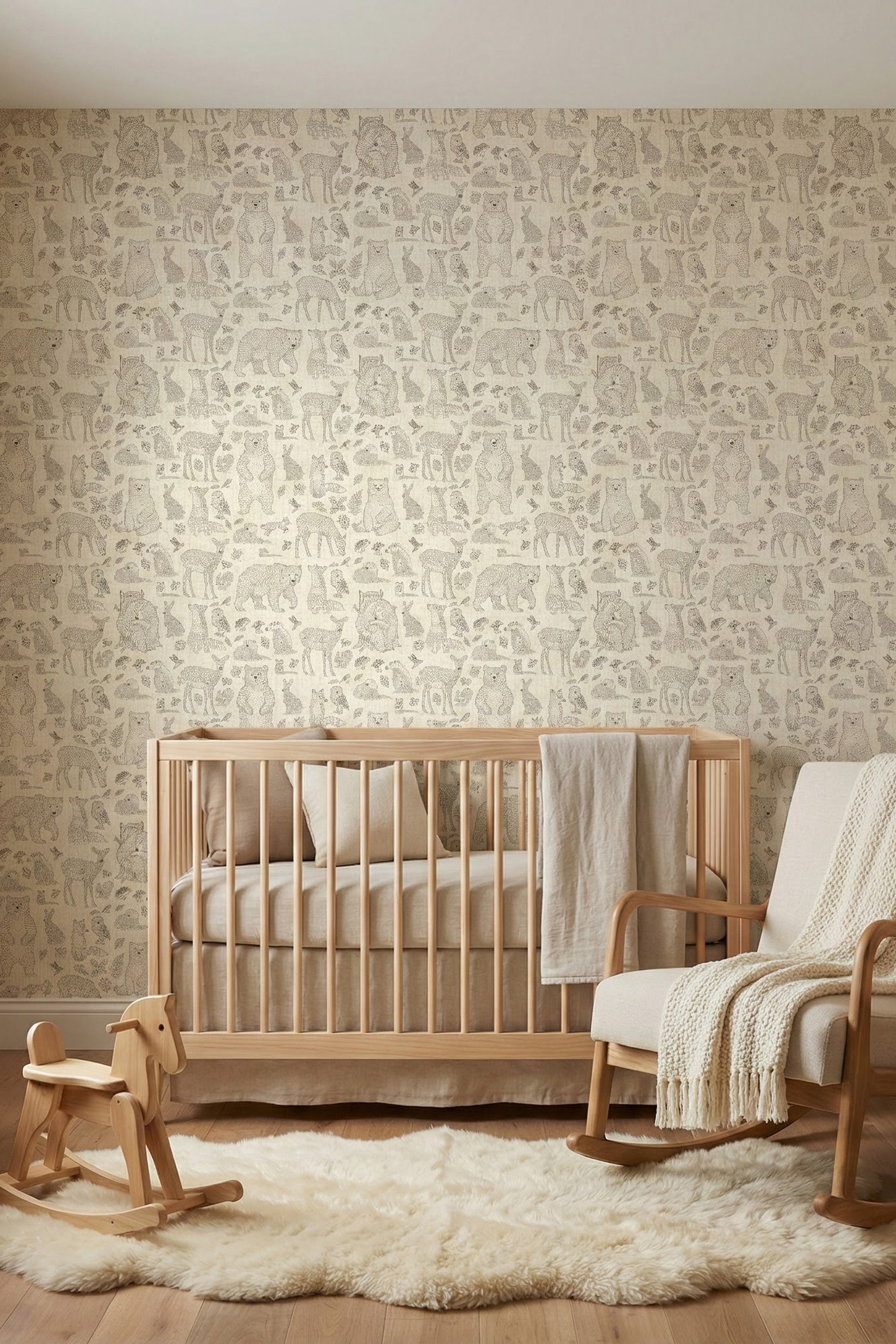 Forest Friends wallpaper shown in a nursery