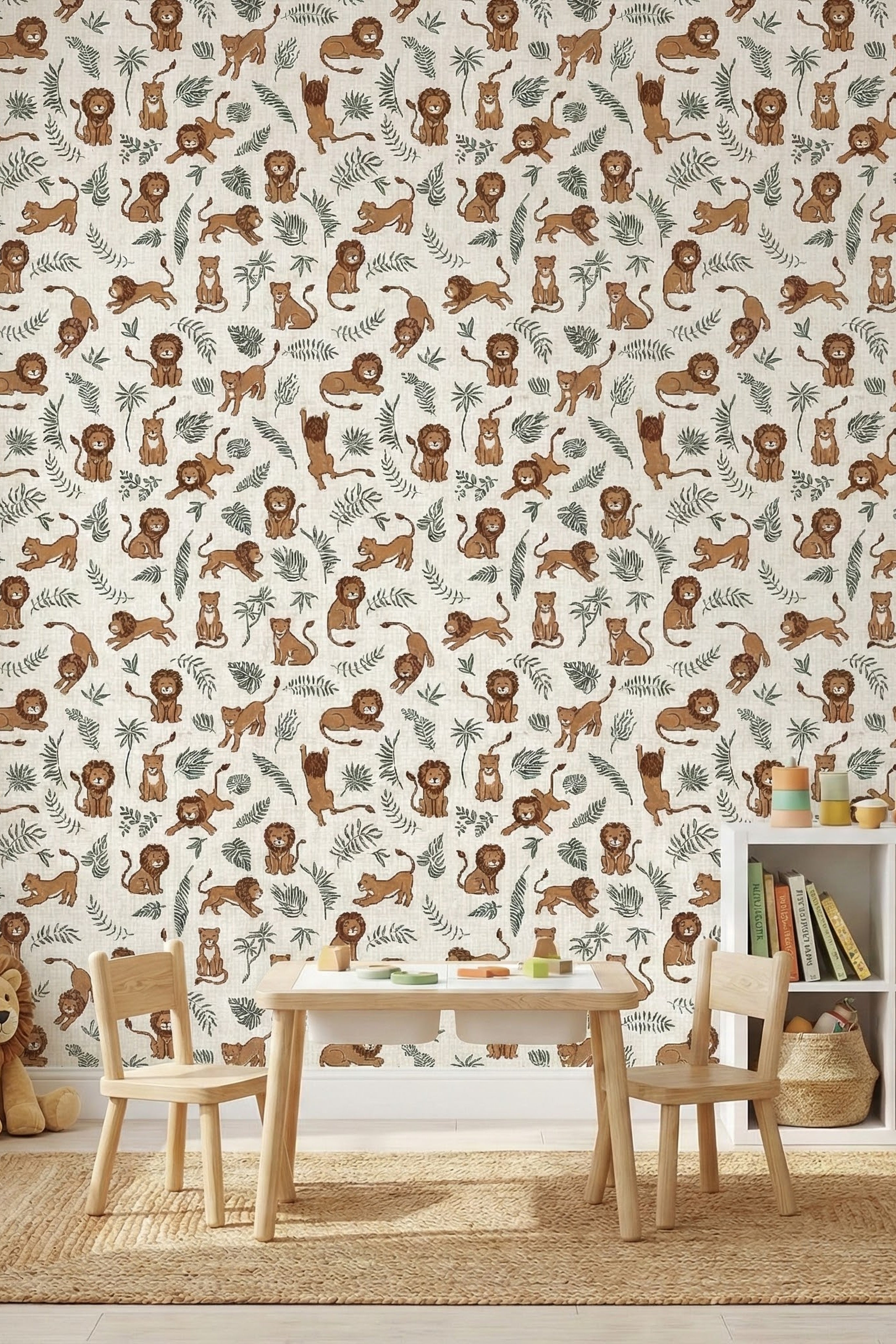 Lion Around wallpaper shown in a playroom