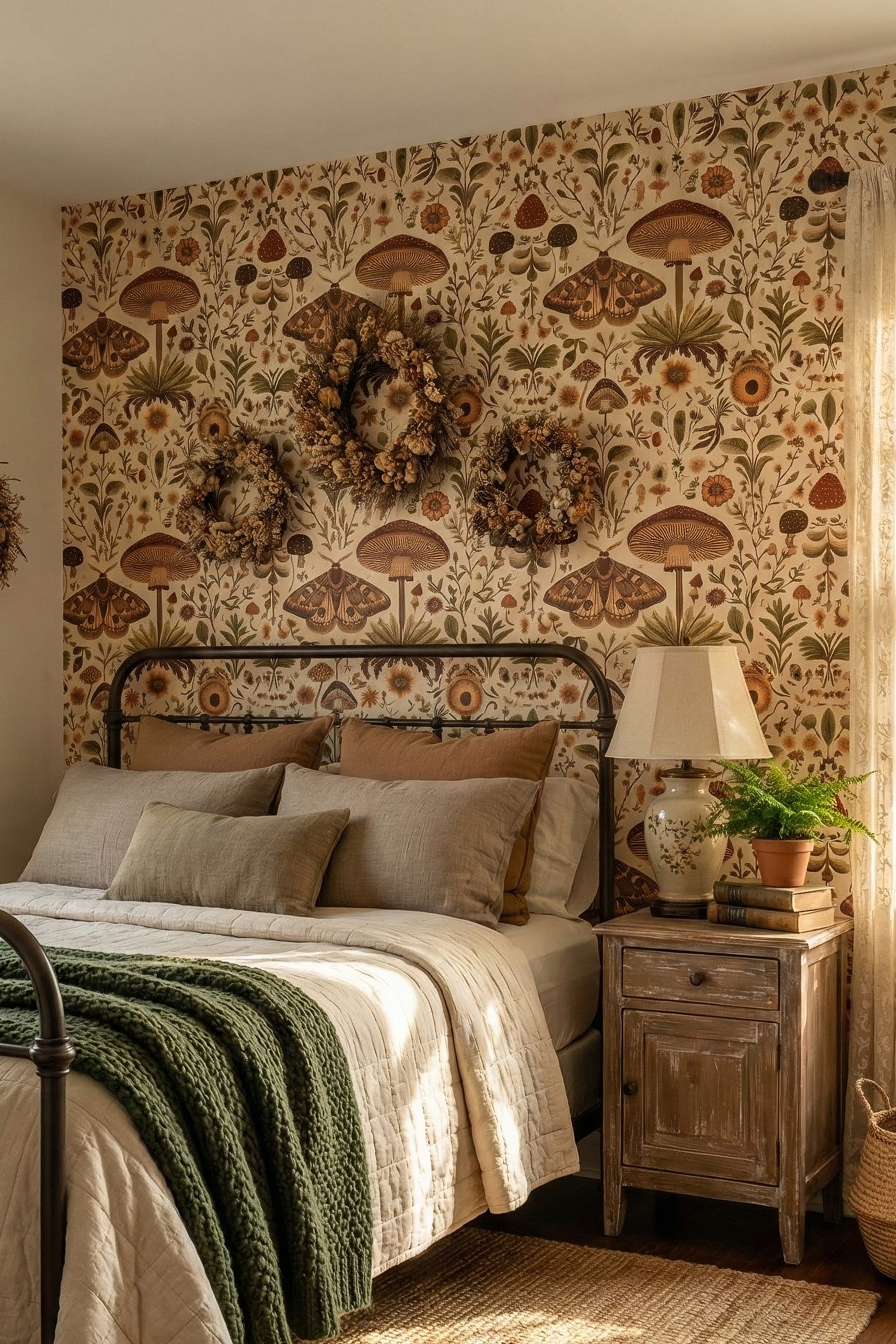 Moth & Mushroom wallpaper shown in a bedroom