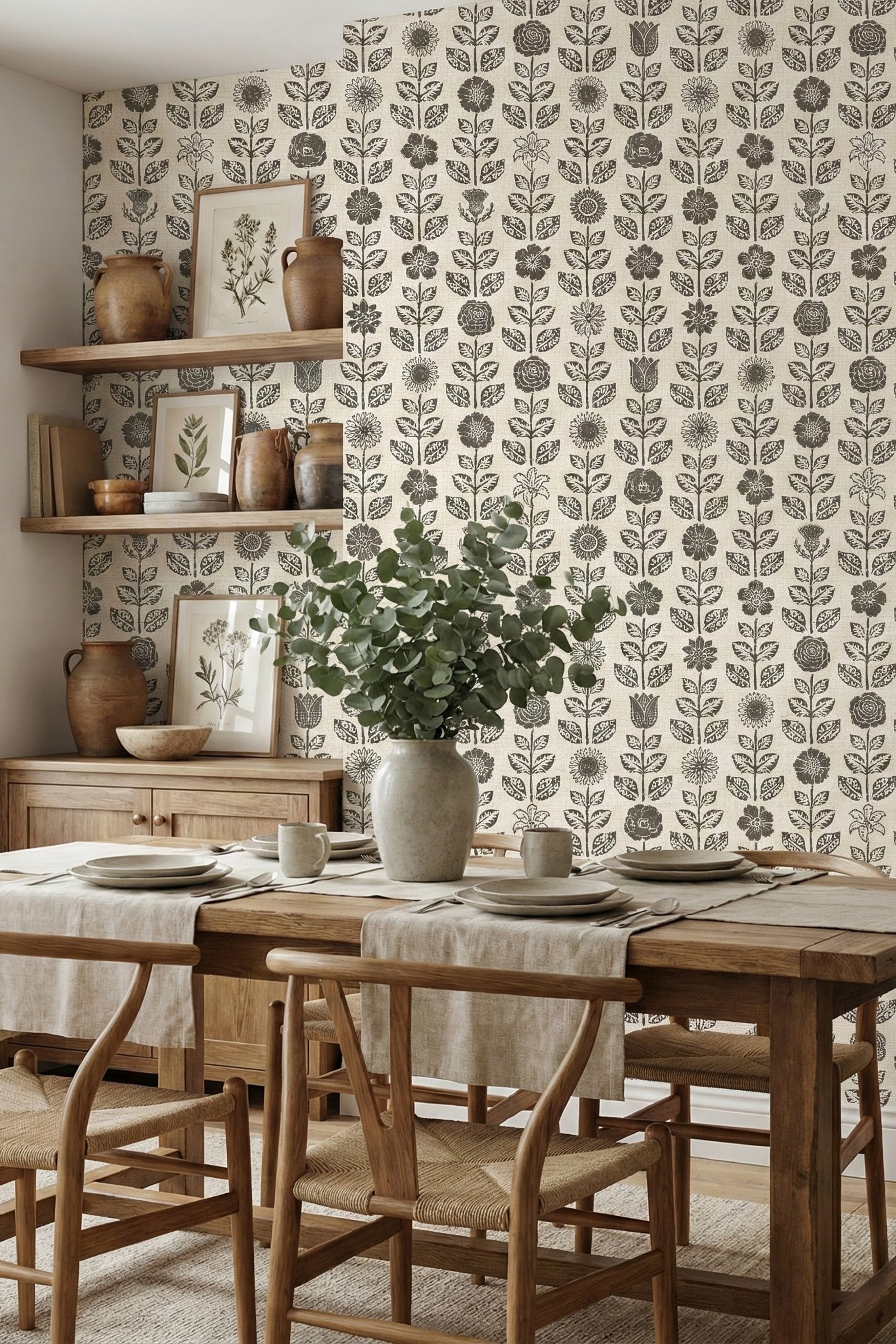Oat Folk wallpaper shown in a dining room
