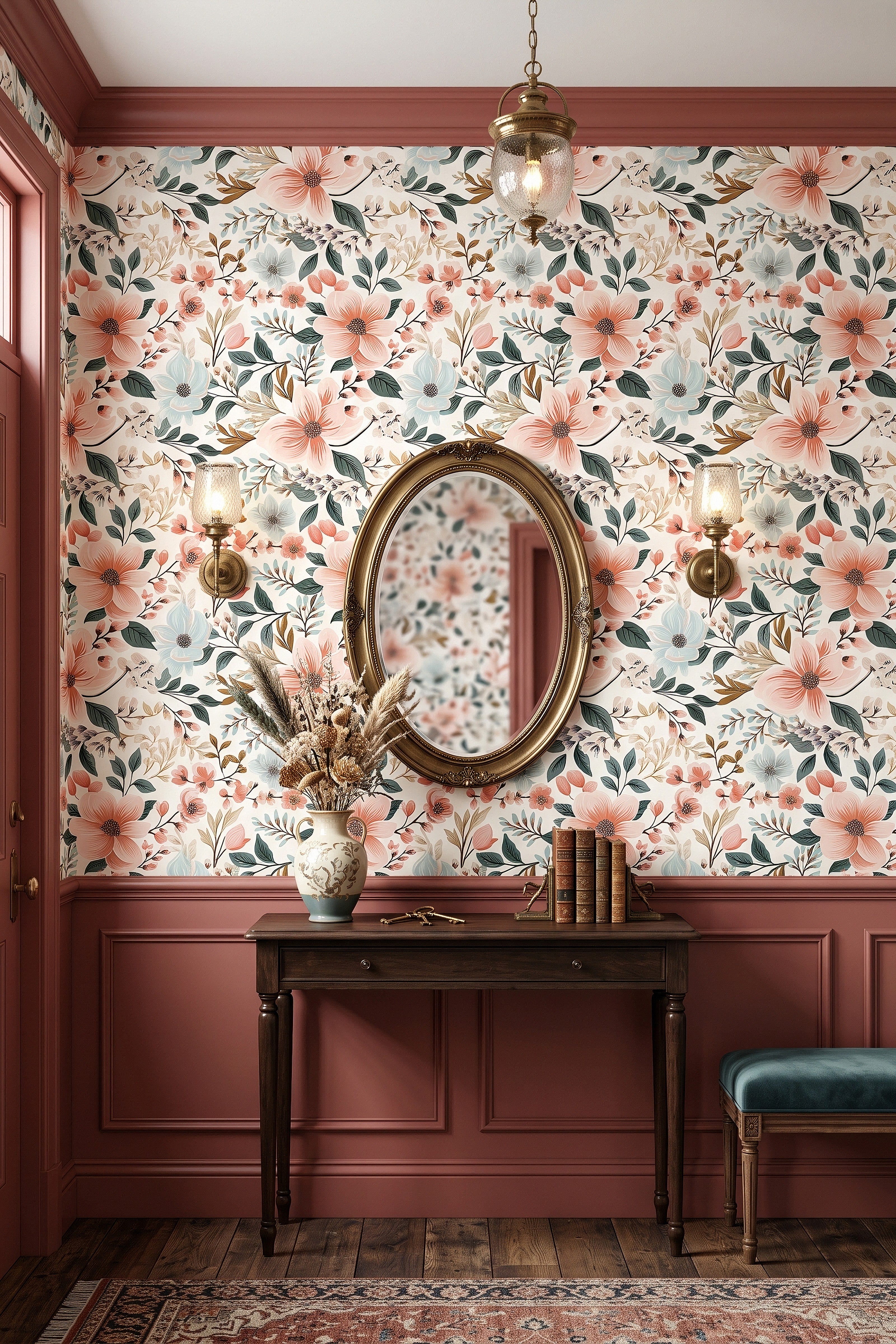 Peach Orchard wallpaper shown in an entryway