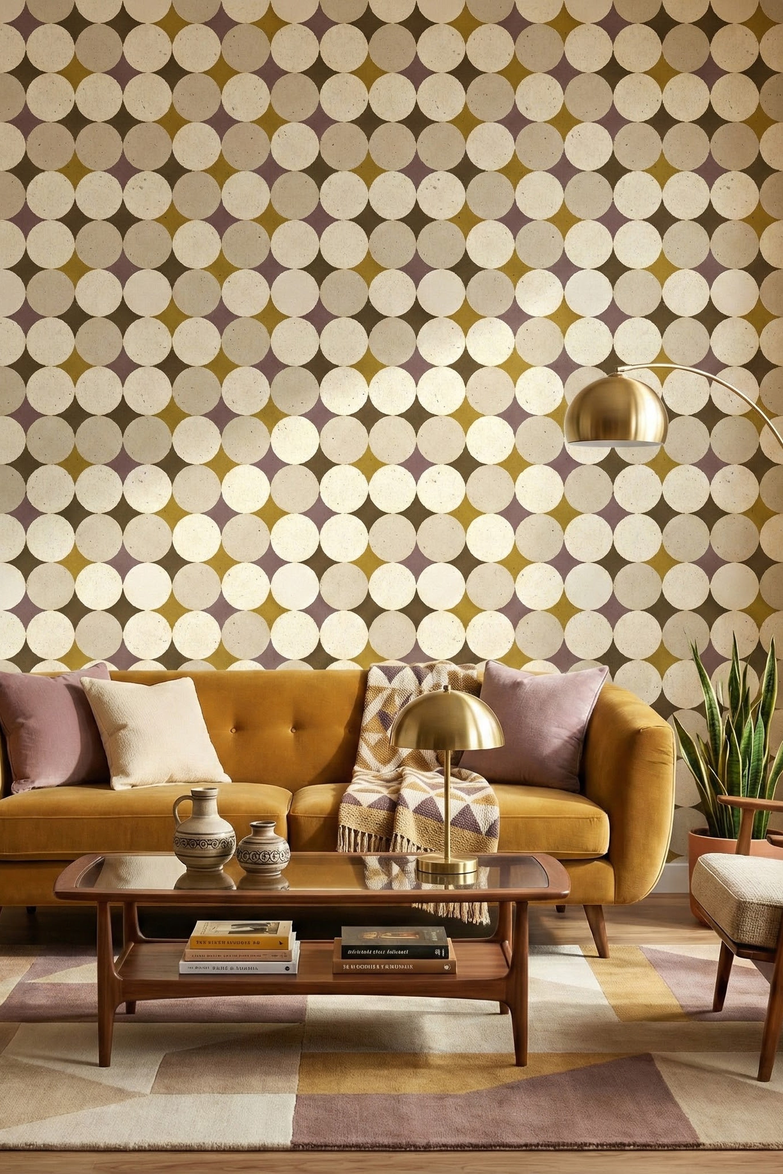 Olive Orbit wallpaper shown in a living room