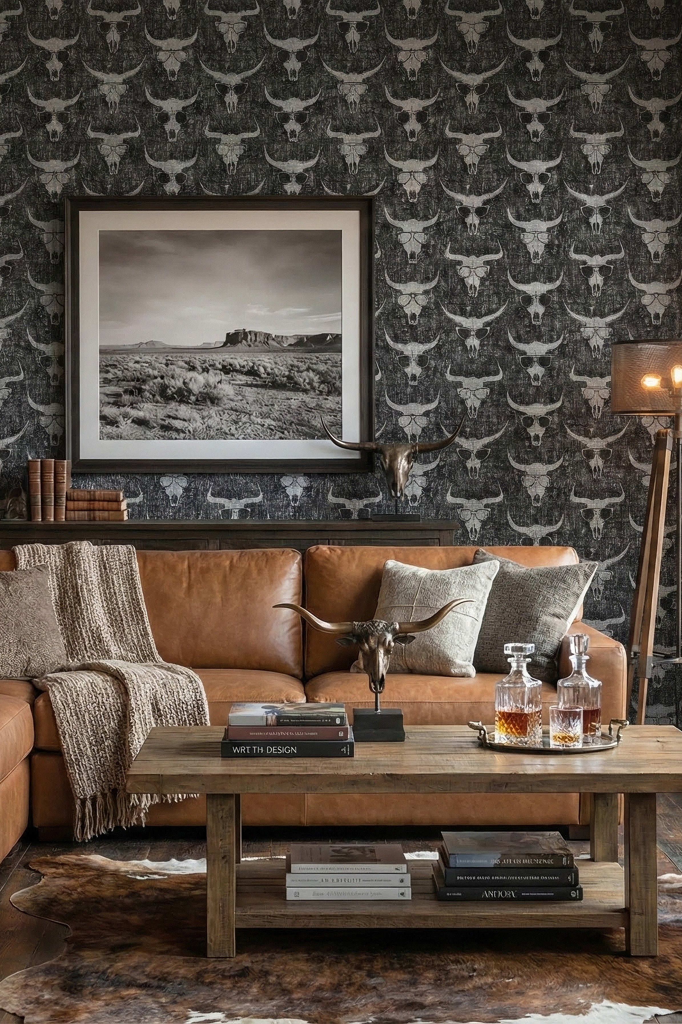 Longhorn Saloon wallpaper shown in a living room
