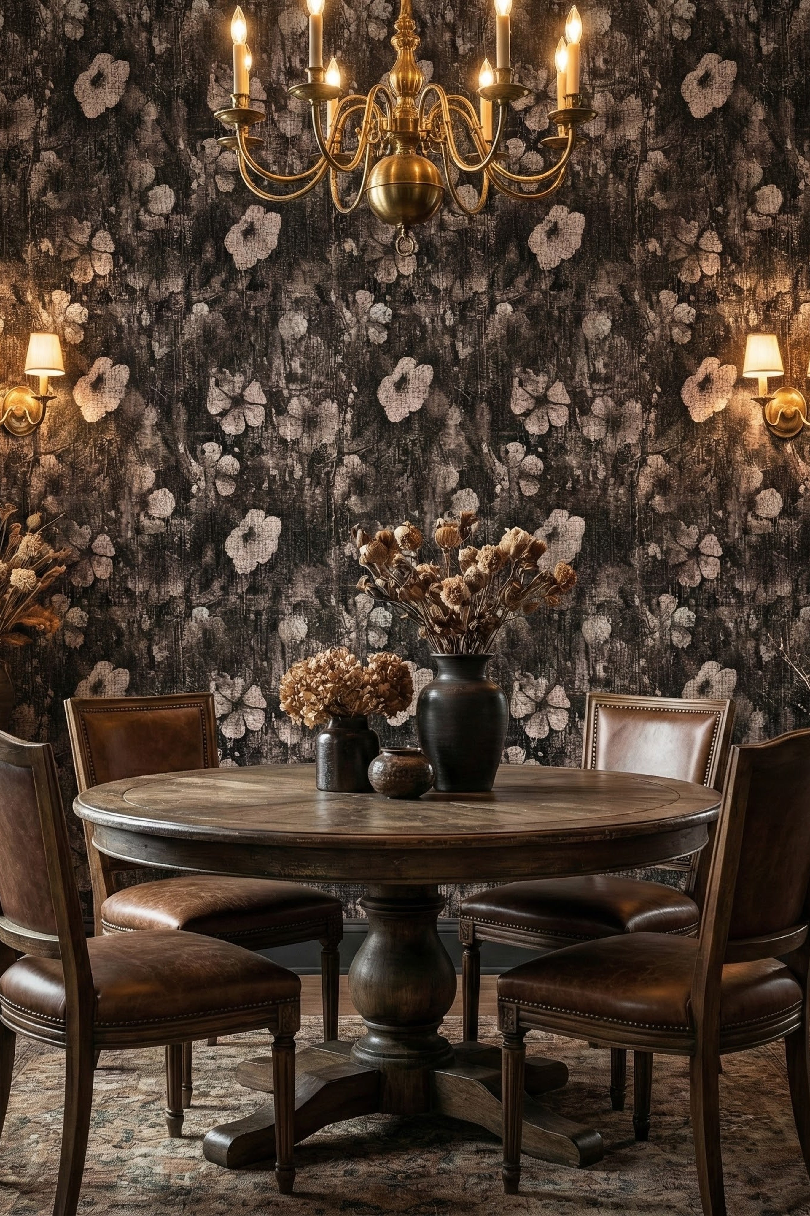 Denim Bloom wallpaper shown in a dining room
