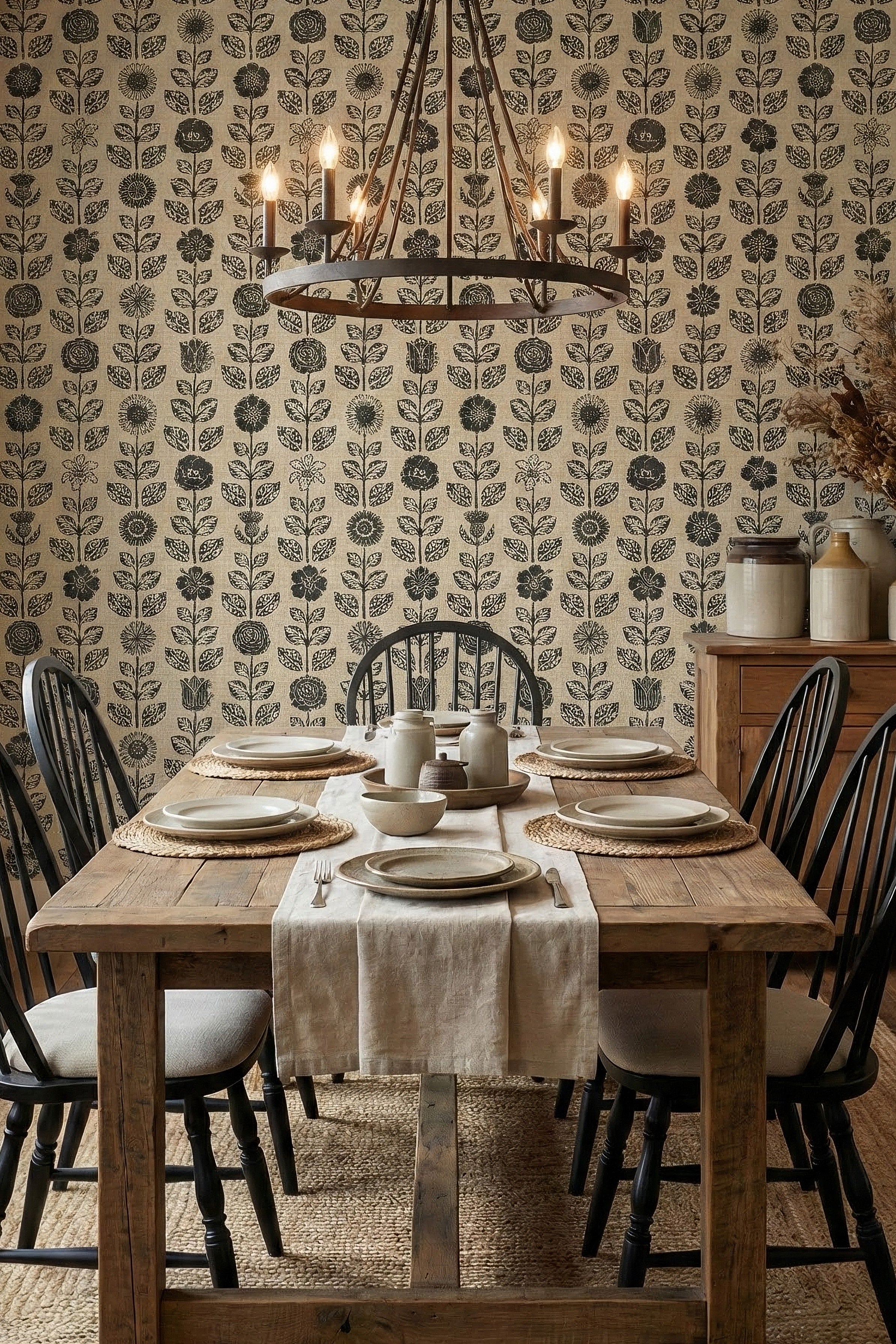 Farmhouse Folk wallpaper shown in a dining room