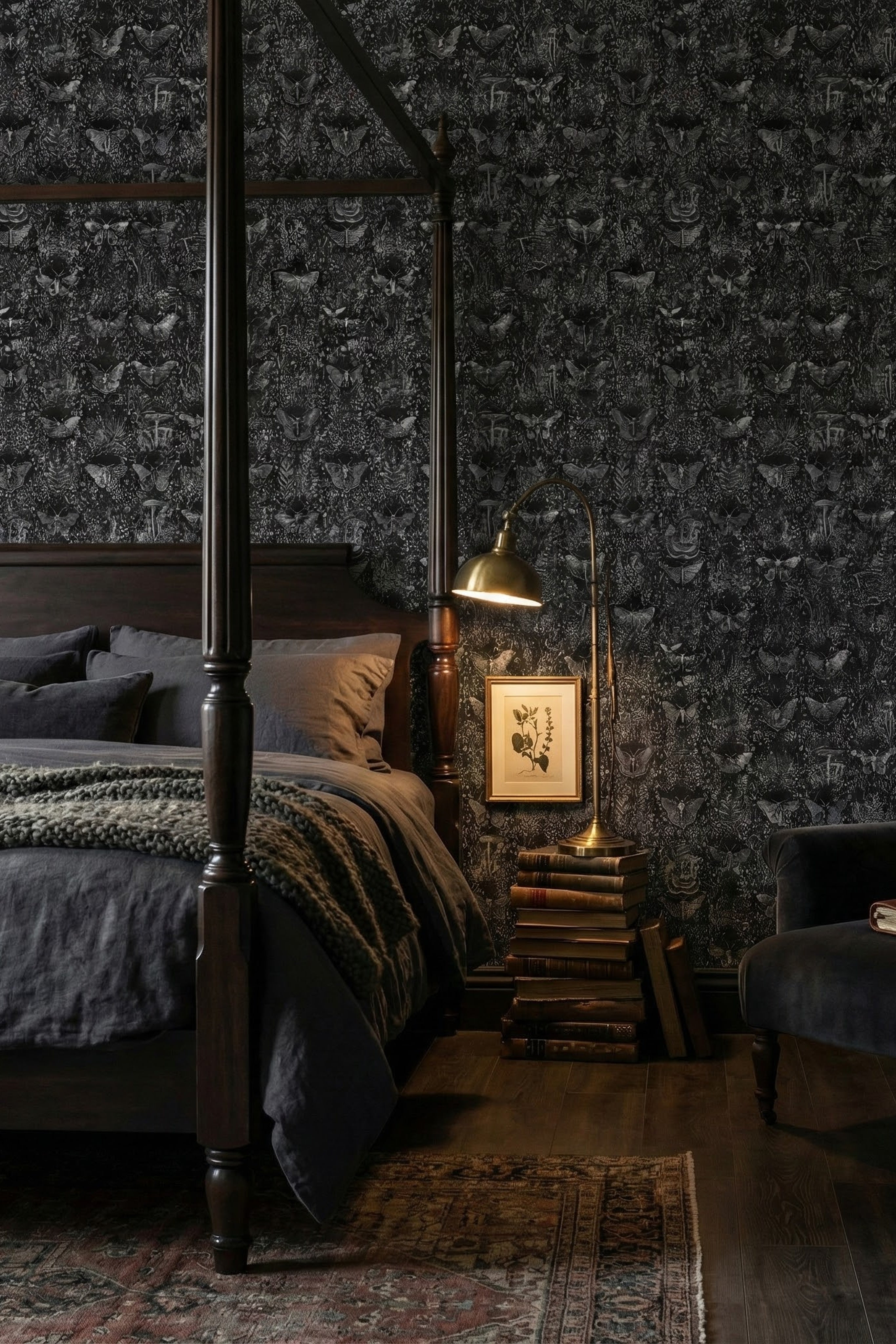 Midnight Academia wallpaper shown in a bedroom