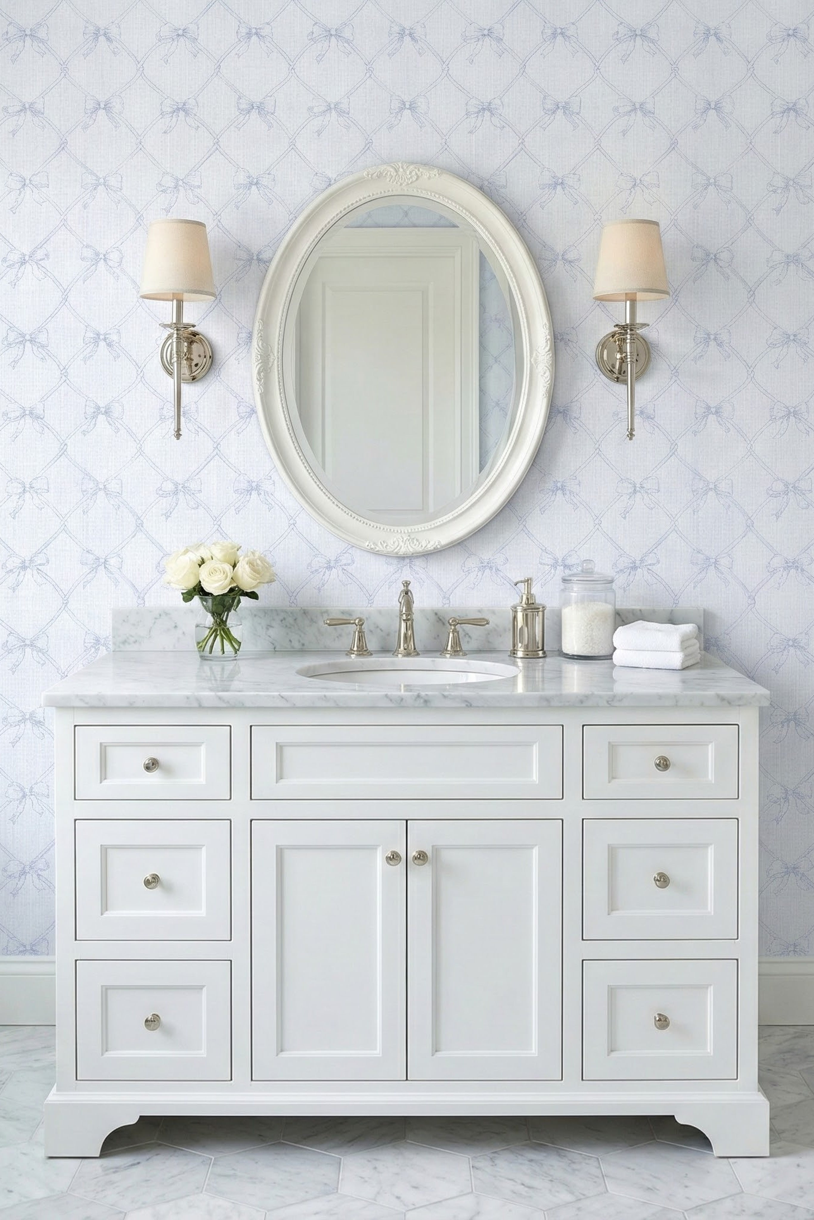 Blue Ribbon wallpaper shown in a powder room