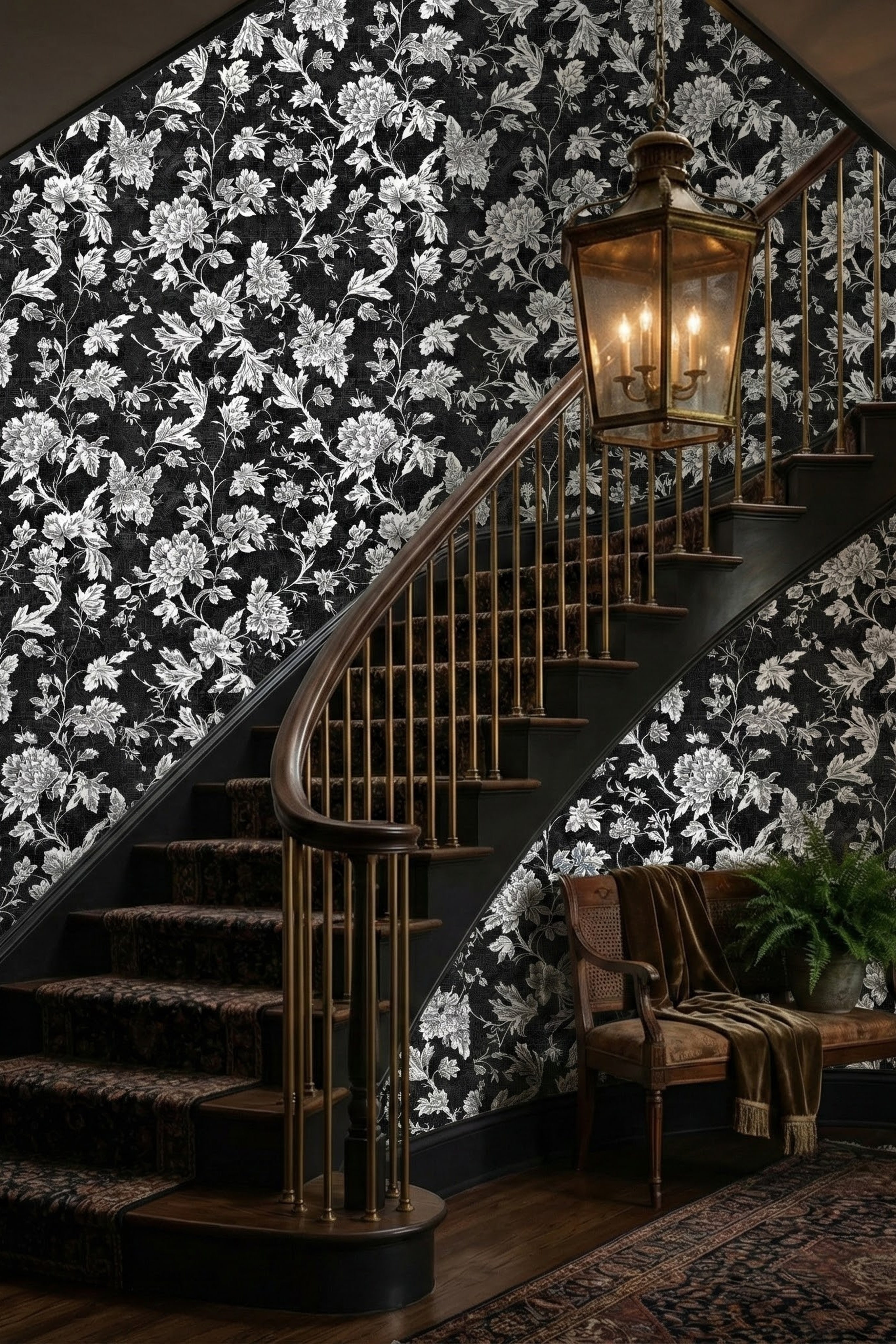Noir Bouquet wallpaper shown in a stairway