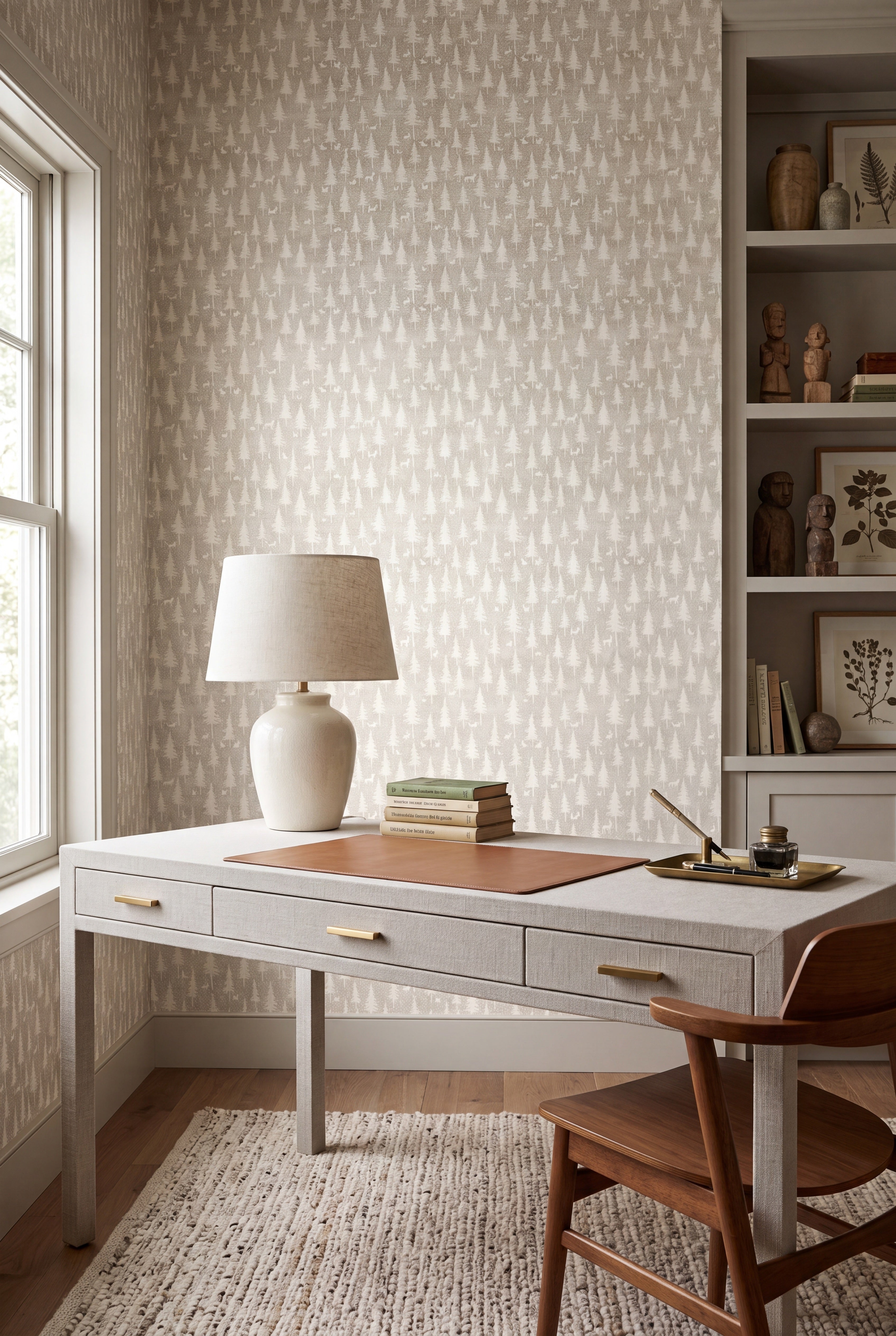 Quiet Woodland wallpaper shown in a home office