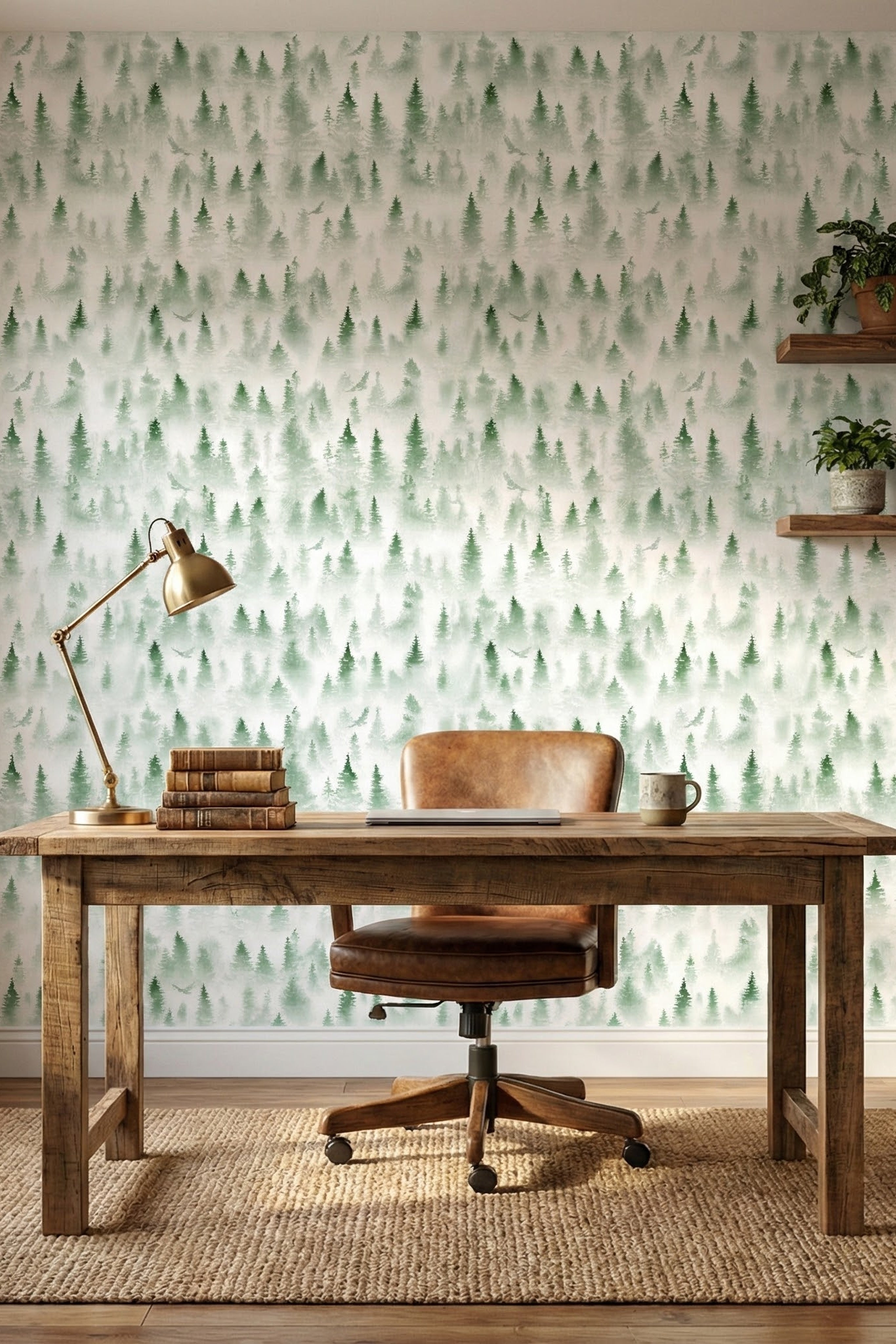 Evergreen Mist wallpaper shown in a home office