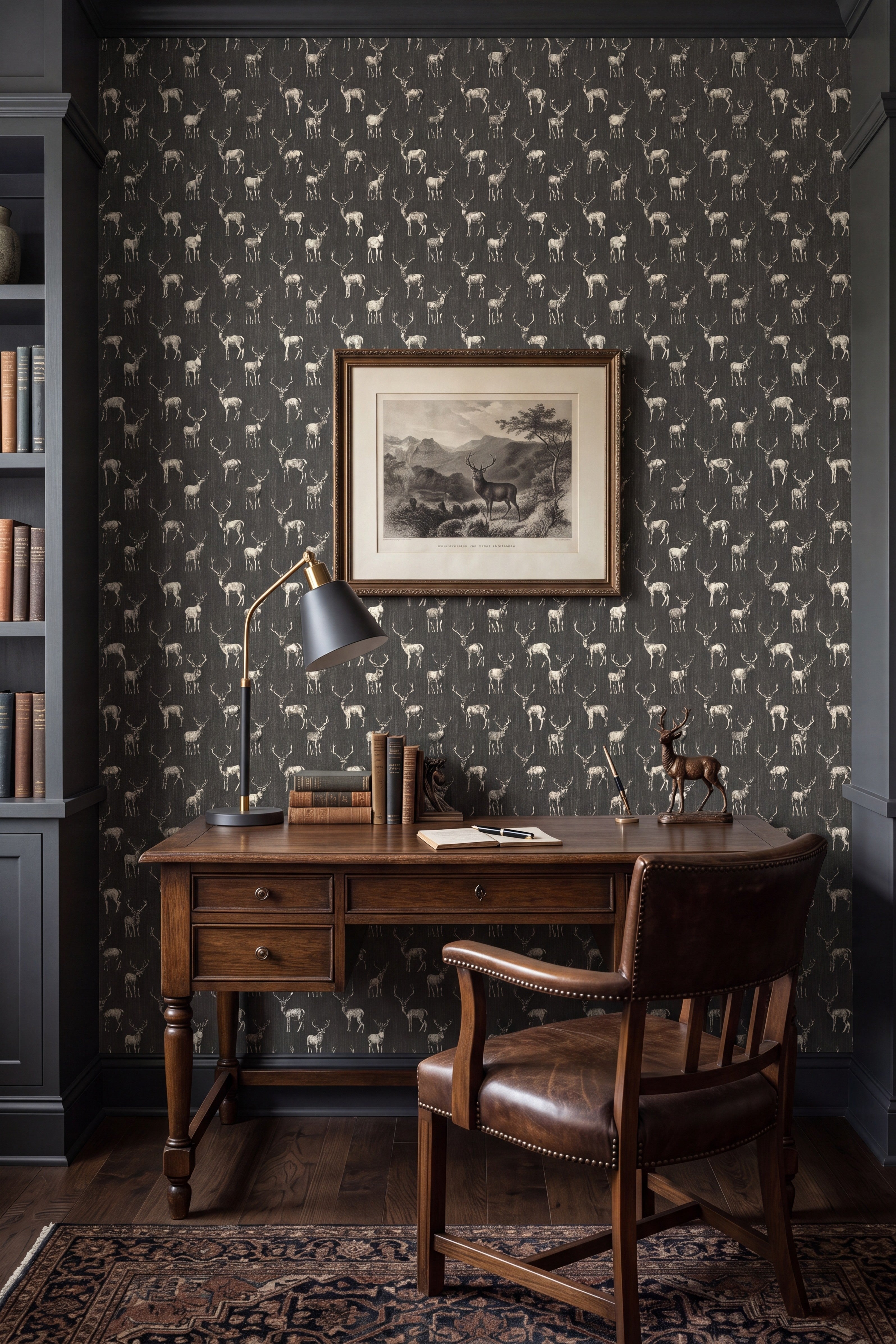 Shady Stag wallpaper shown in a home office