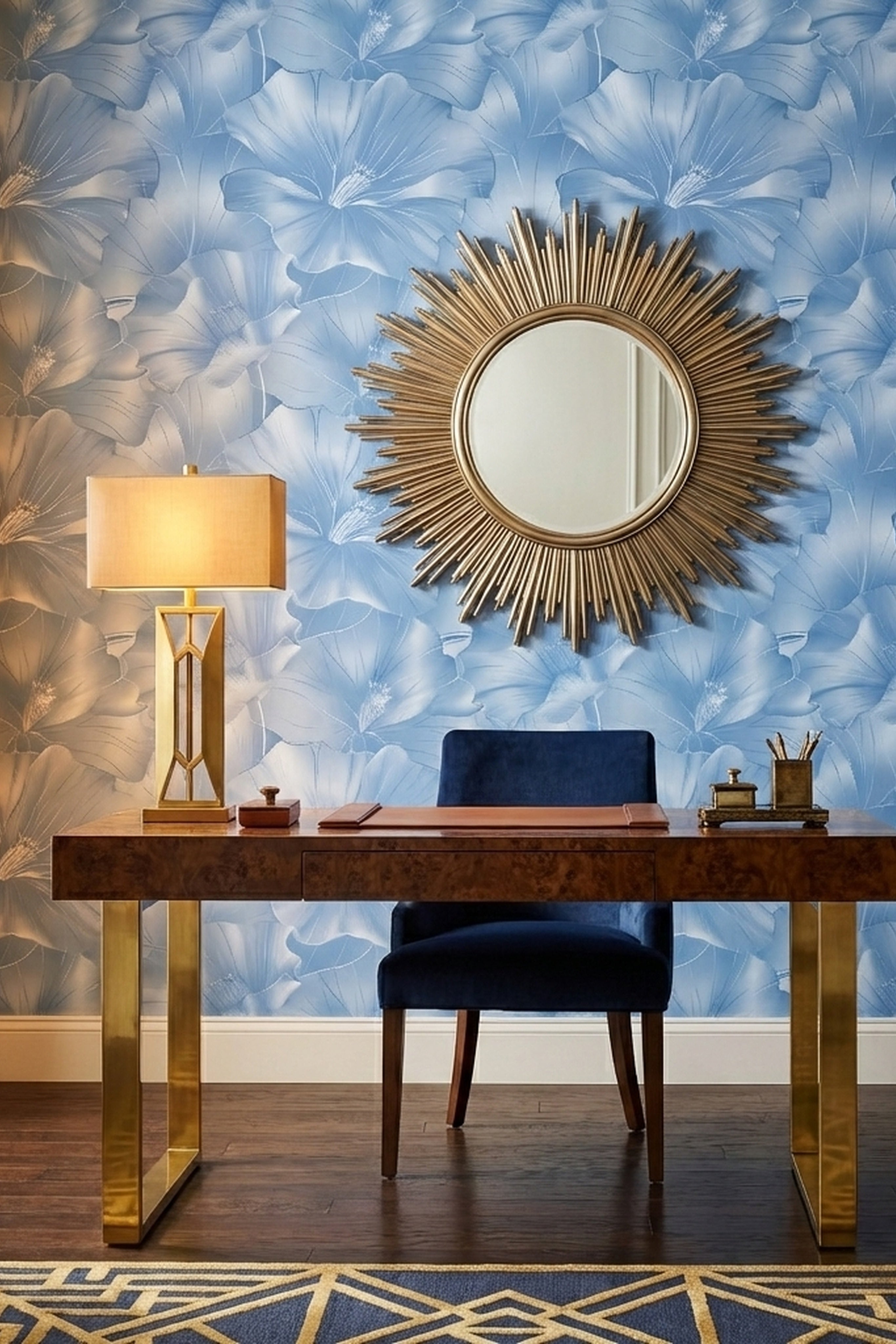 Bluebell Deco wallpaper shown in a home office