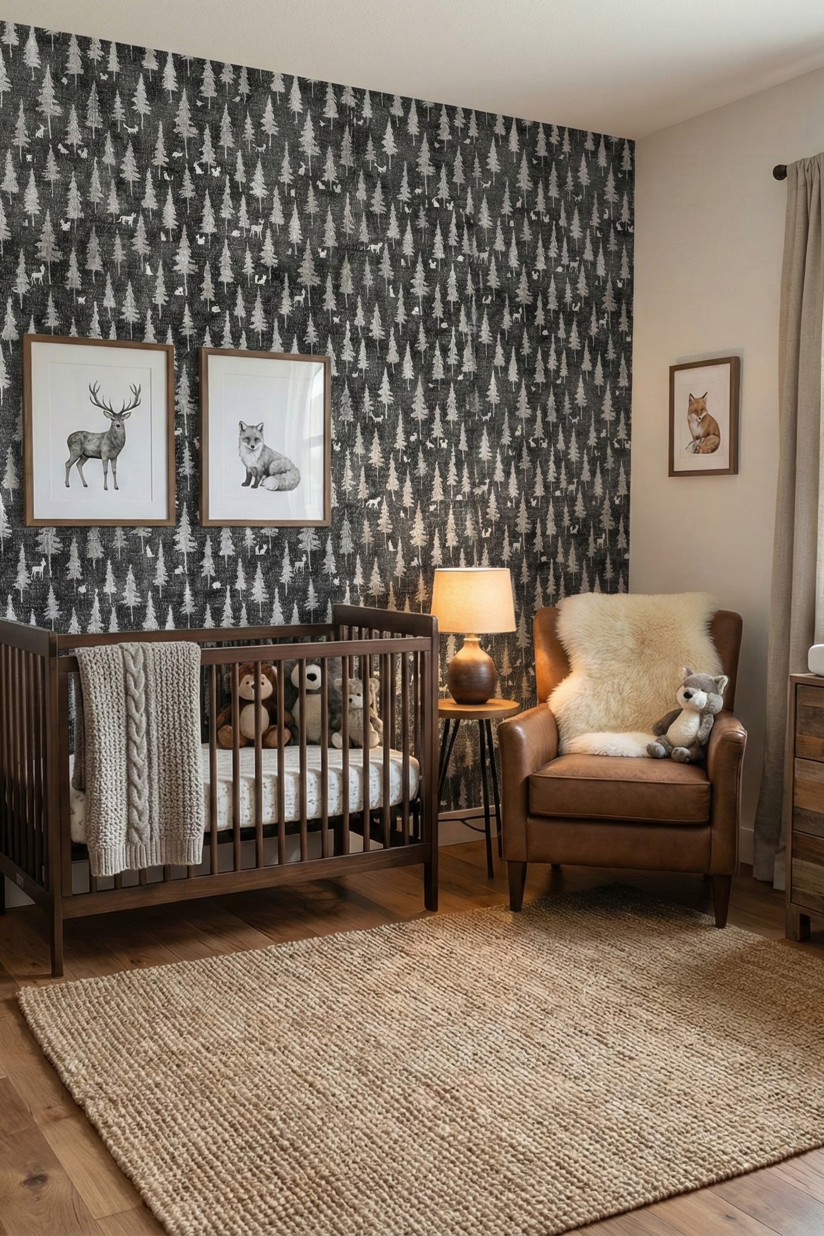 Night Woodland wallpaper shown in a nursery