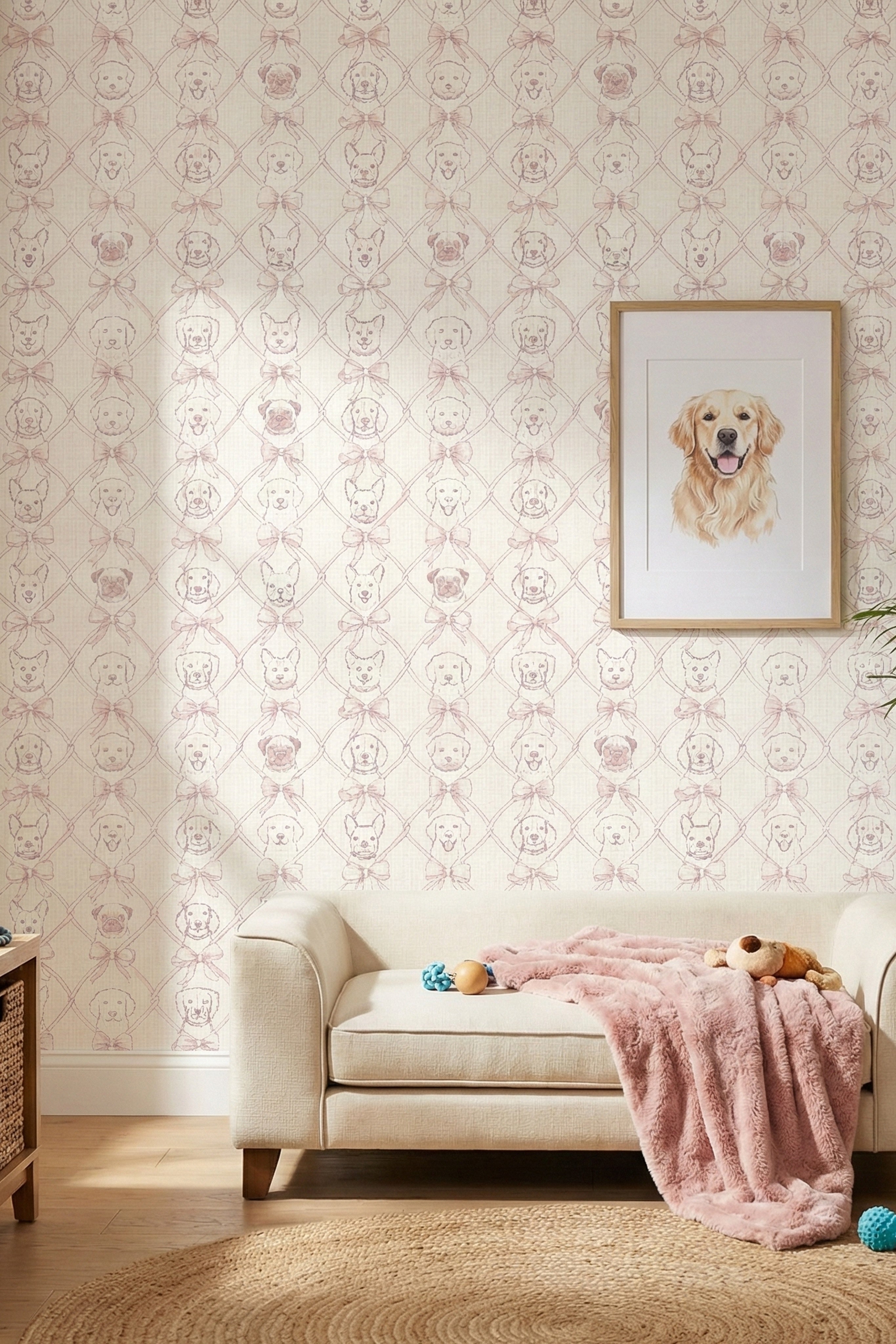 Puppy Bow wallpaper shown in a pet nook