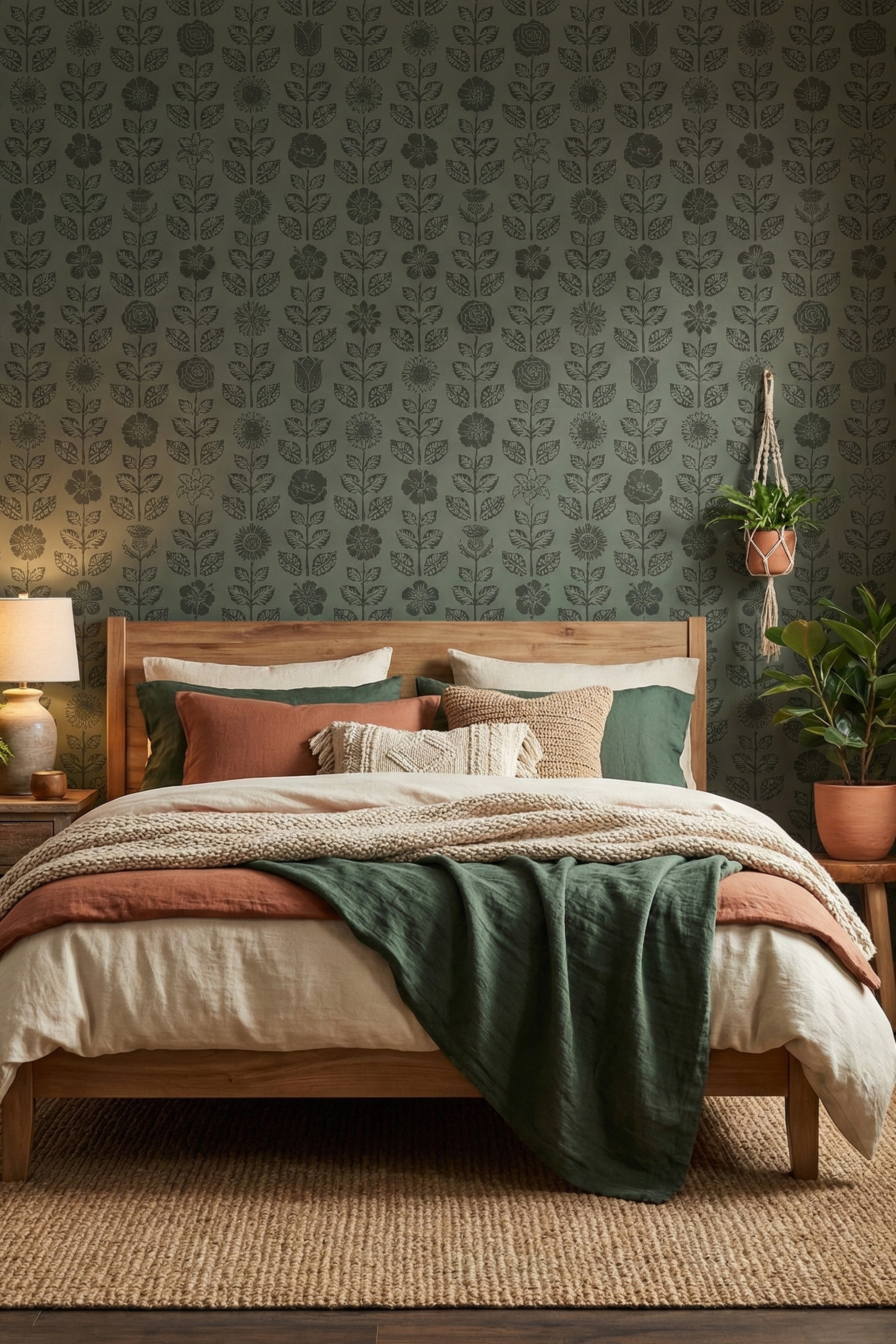Moody Folk wallpaper shown in a bedroom