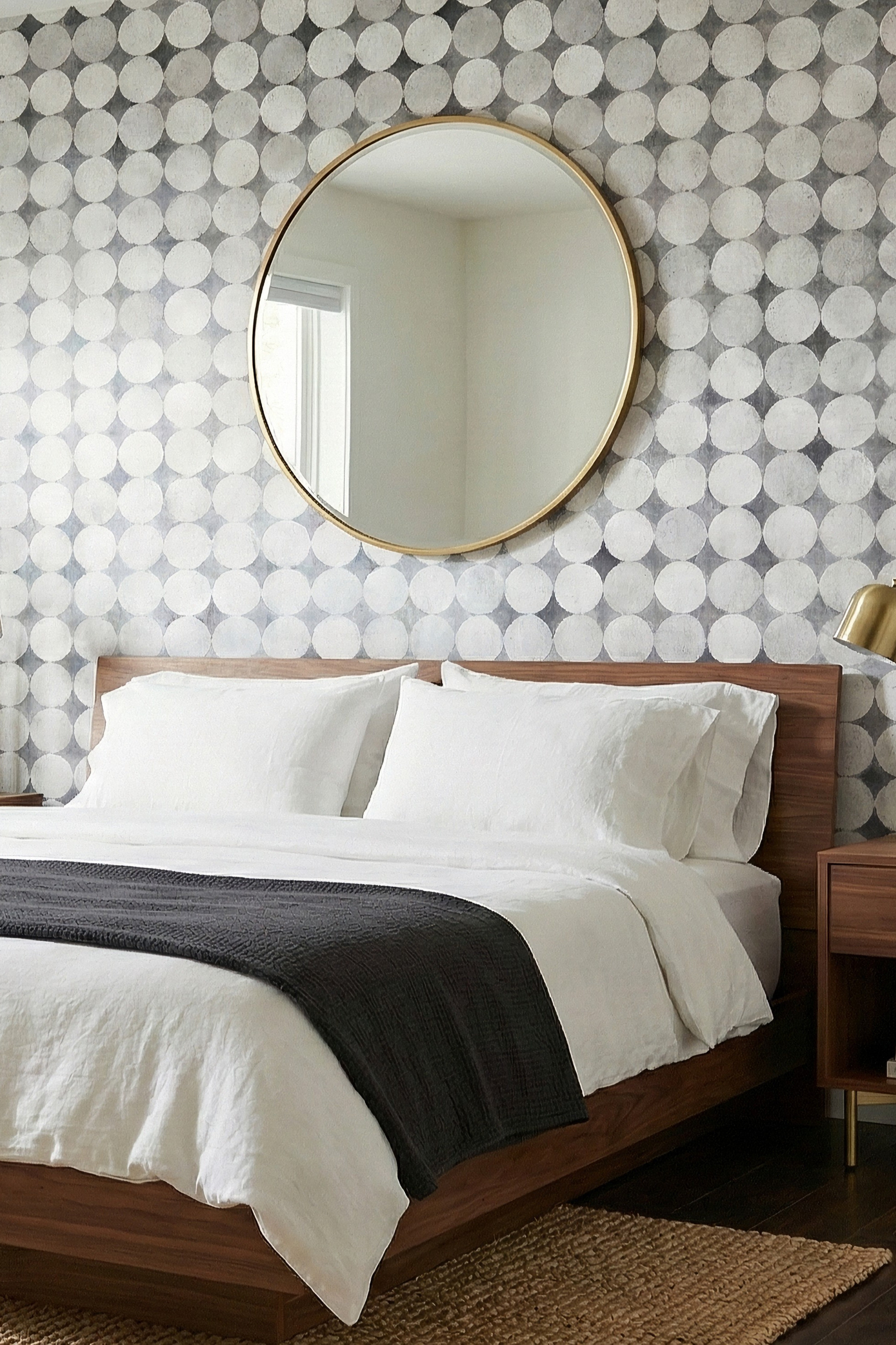 Orbit Noir wallpaper shown in a bedroom