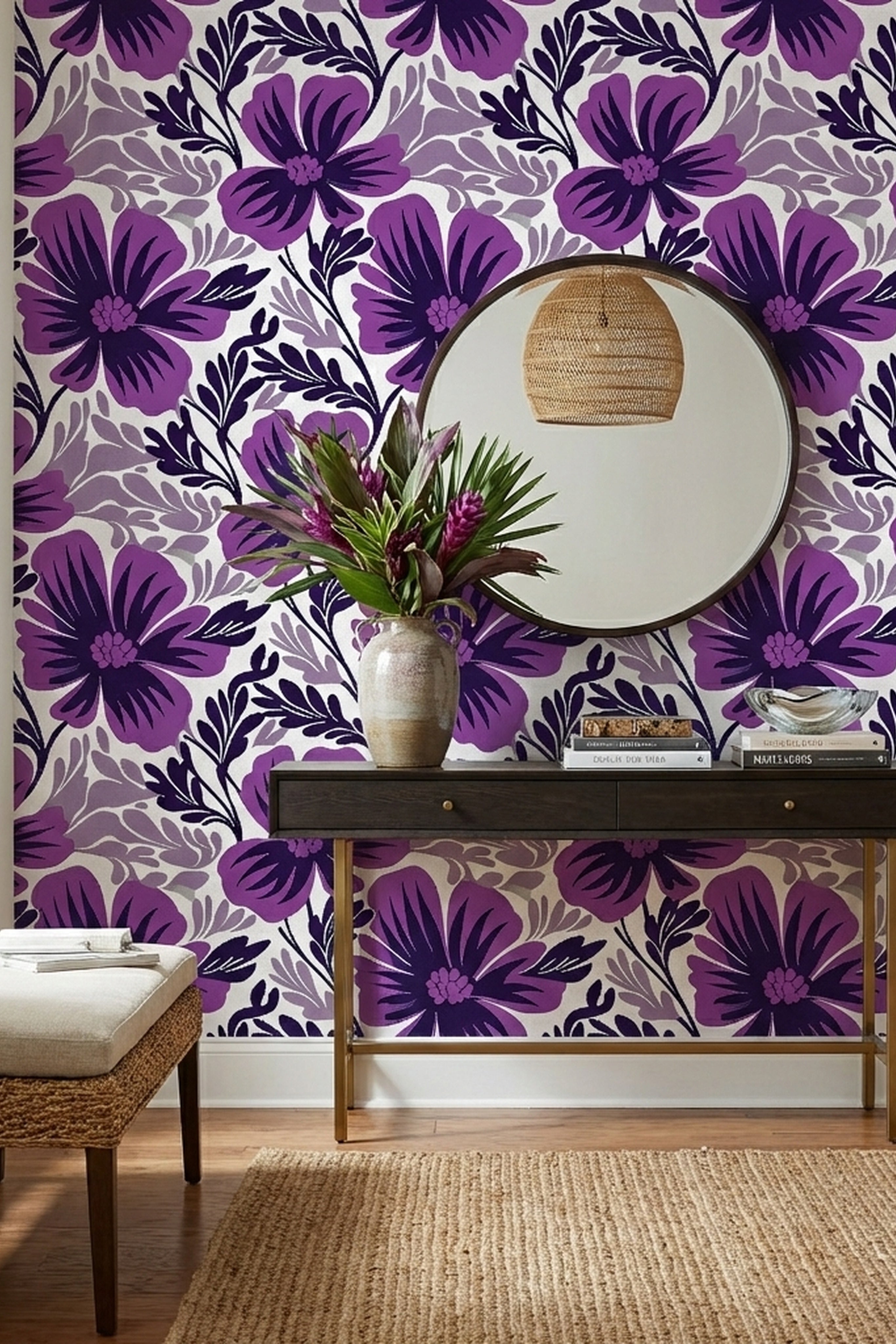 Purple Paradise wallpaper shown in an entryway