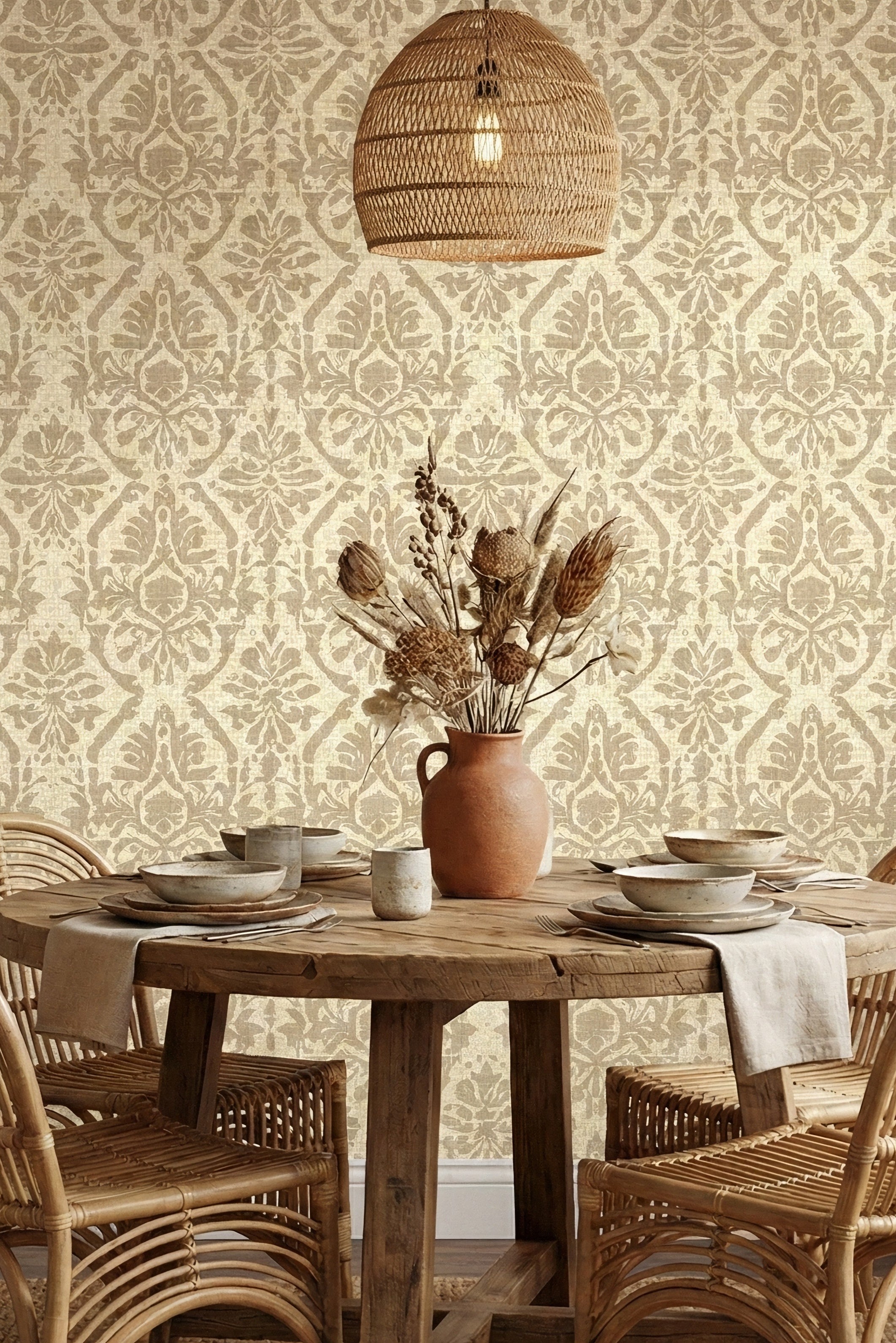 Linen Damask wallpaper shown in a dining room