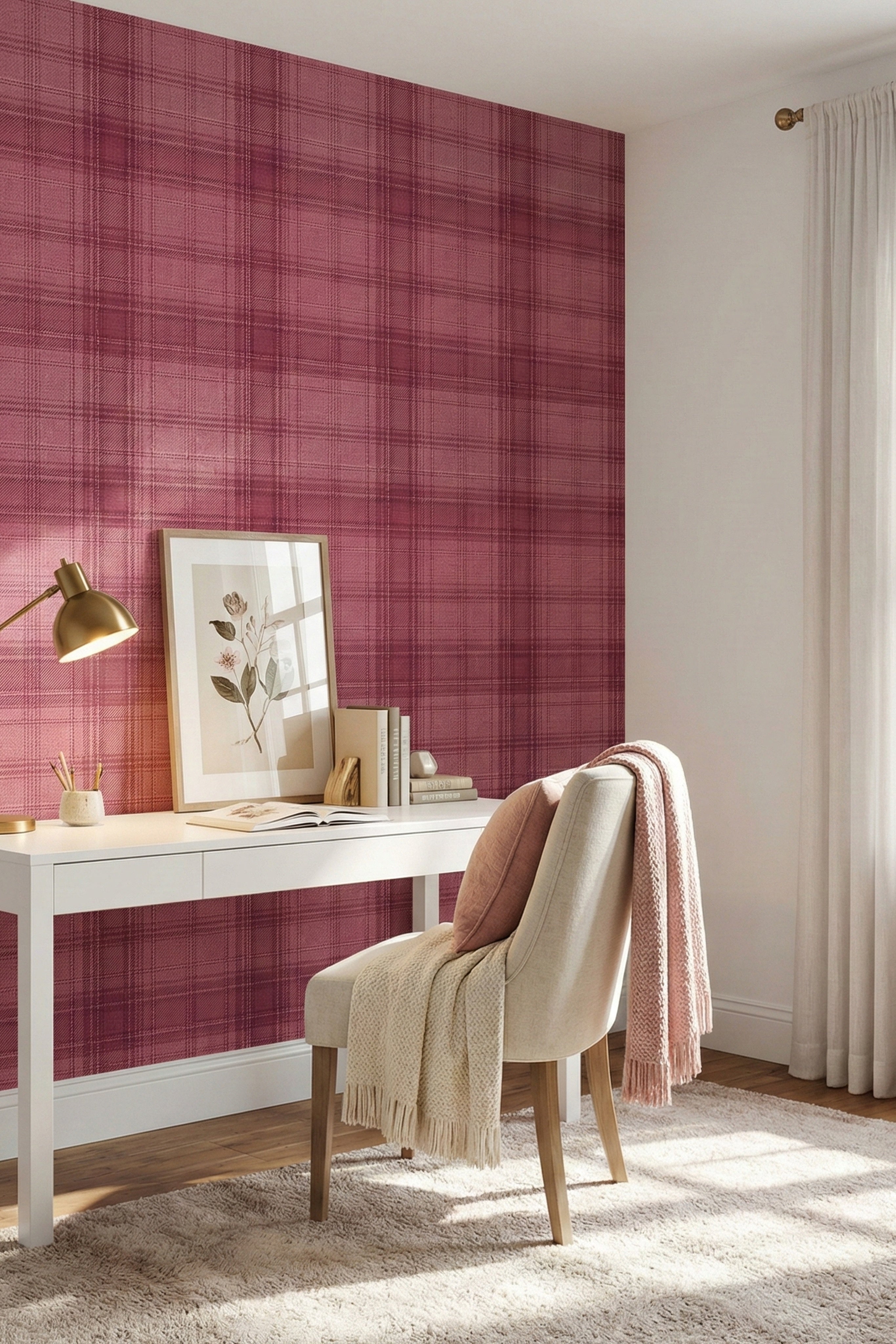Pink Flannel wallpaper shown in a home office