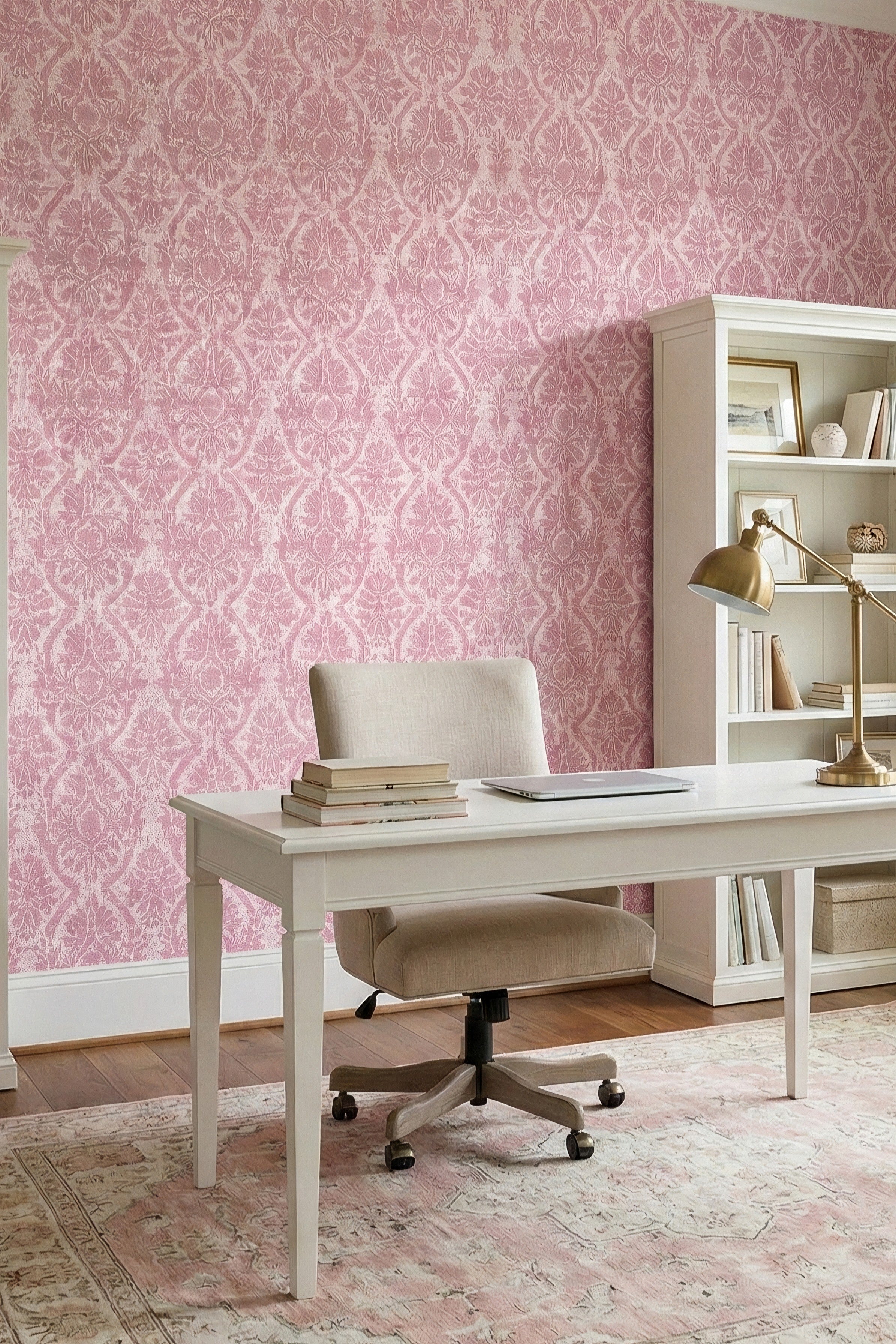 Rose Damask wallpaper shown in a home office