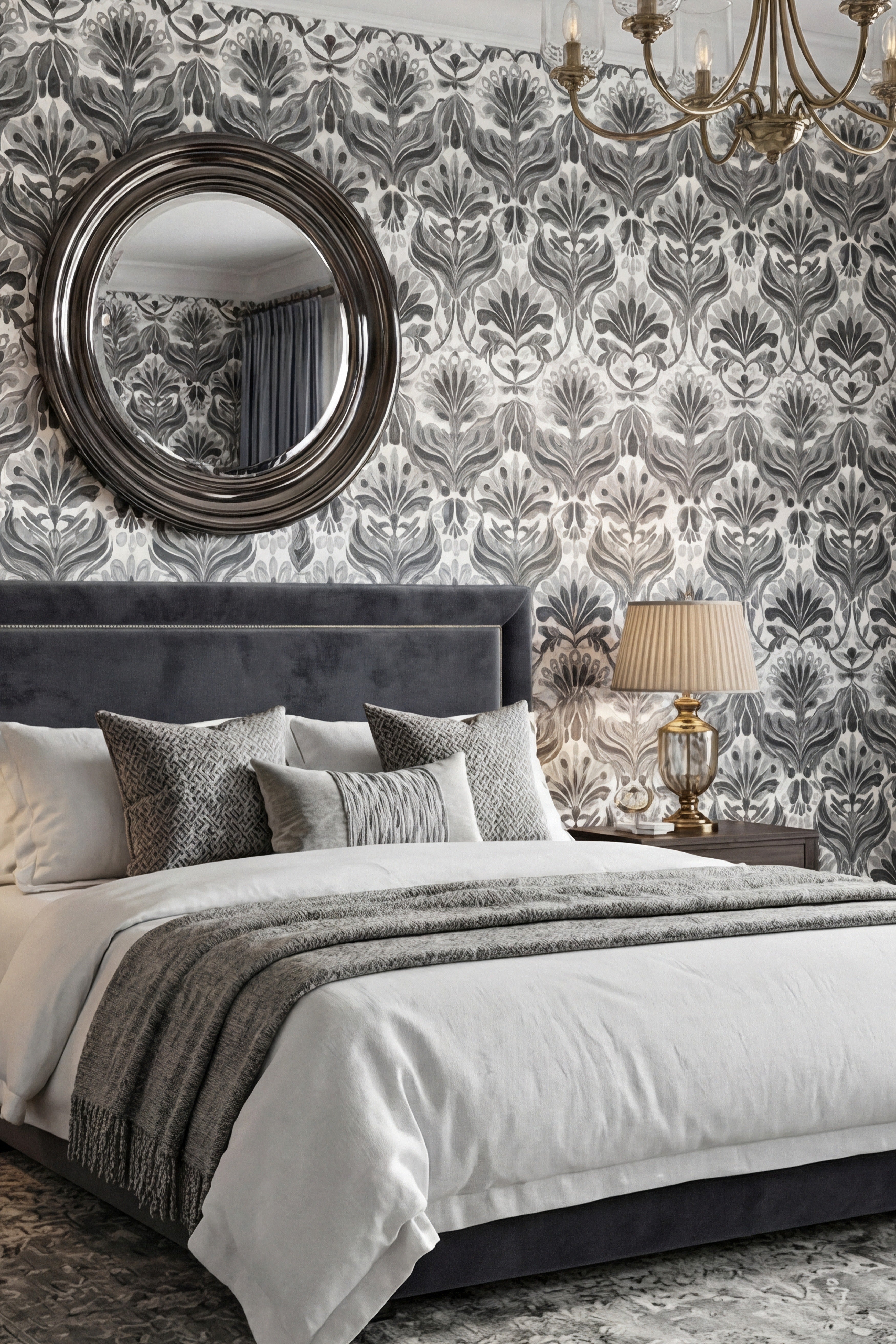 Nouveau Noir wallpaper shown in a bedroom