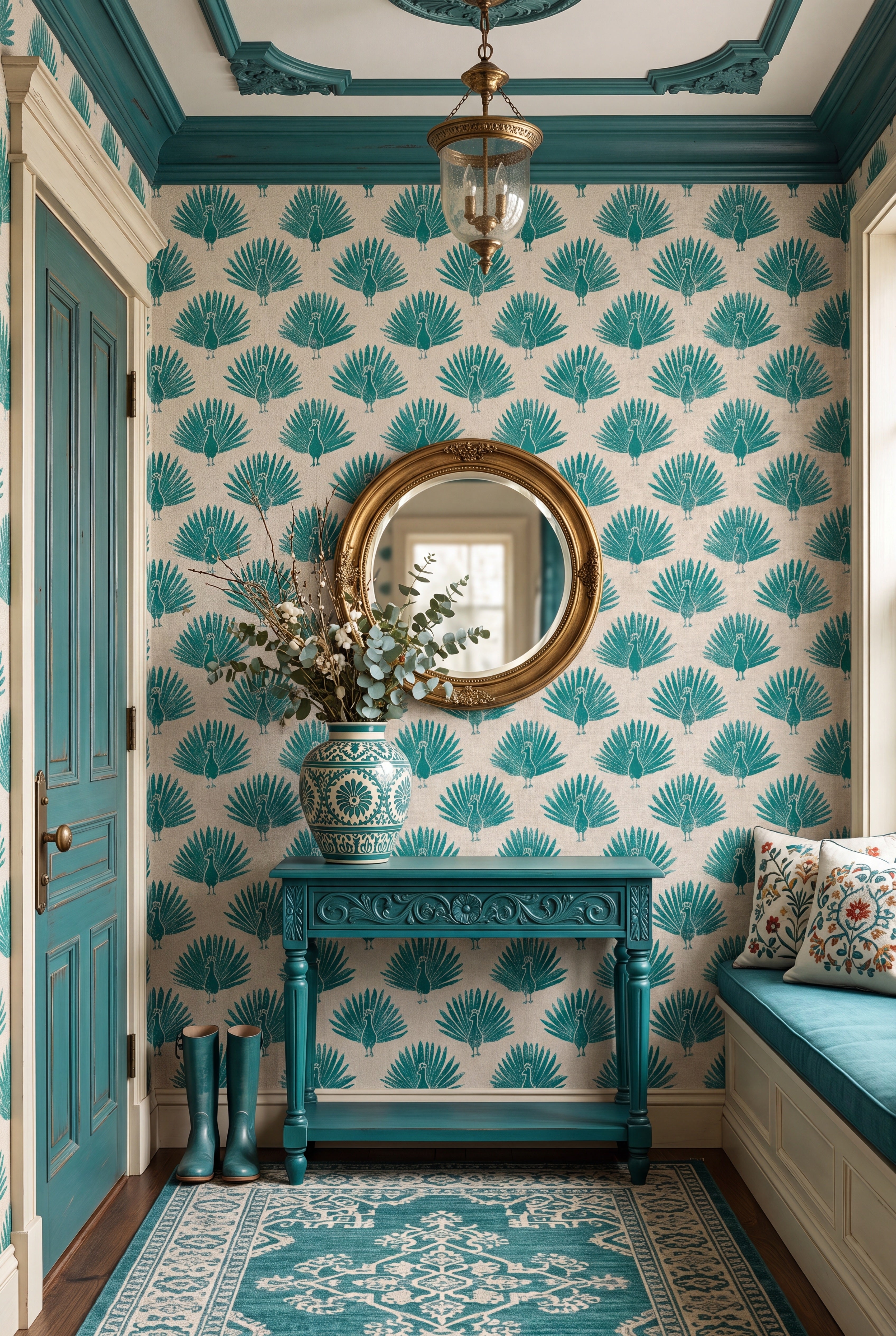 Fern Peacock wallpaper shown in an entryway
