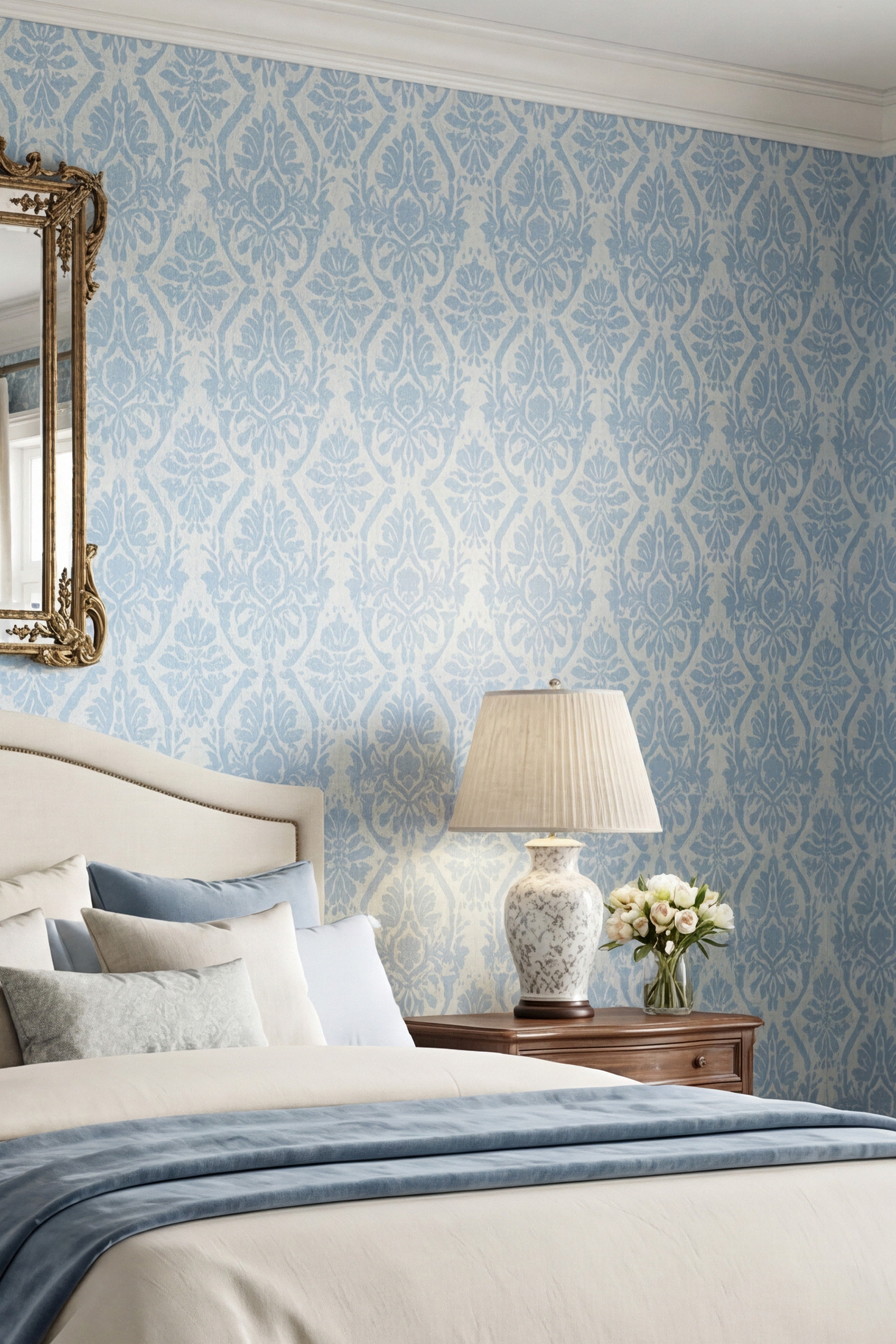 Morris Blue wallpaper shown in a bedroom