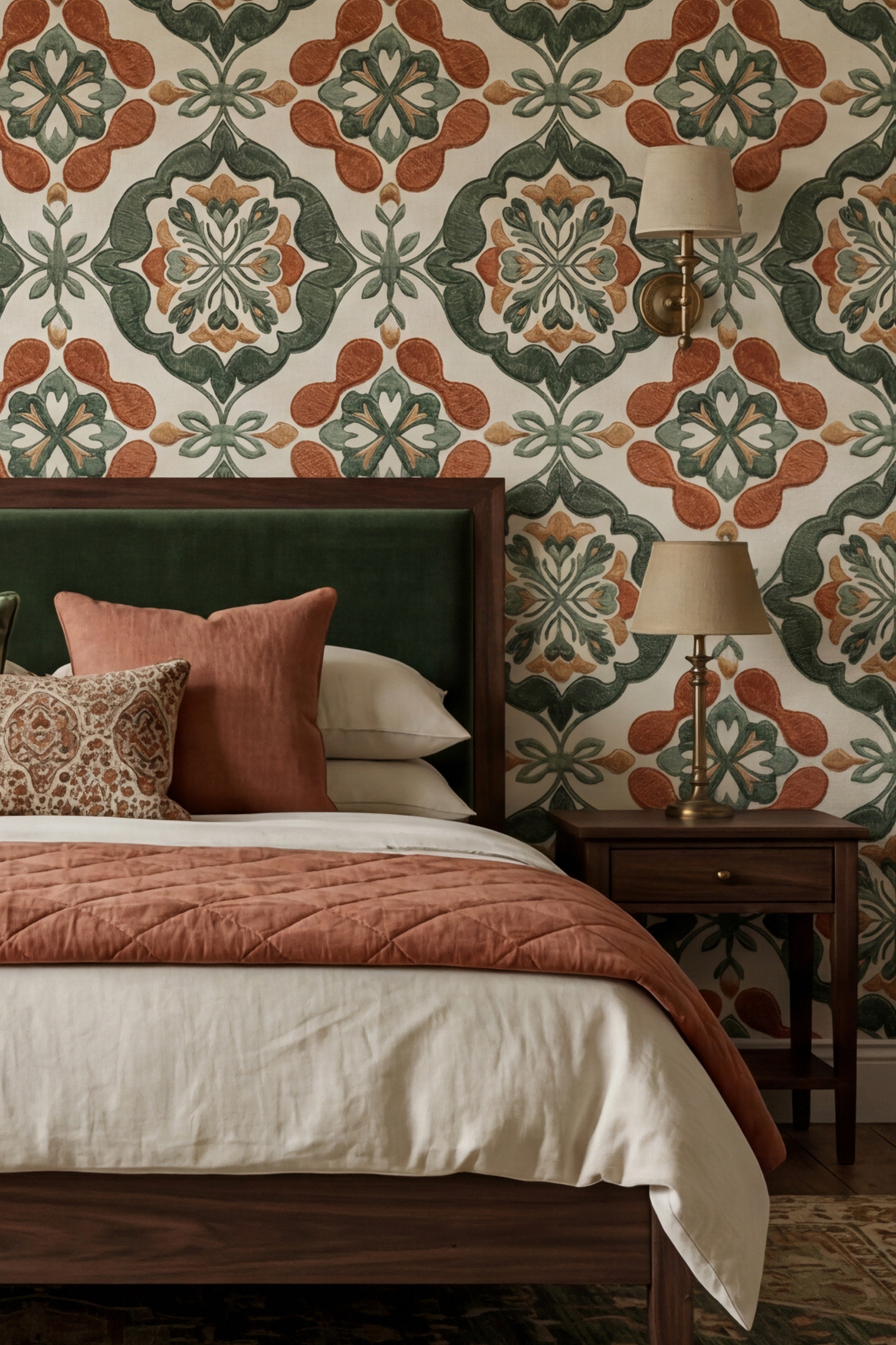 Sage Medina wallpaper shown in a bedroom