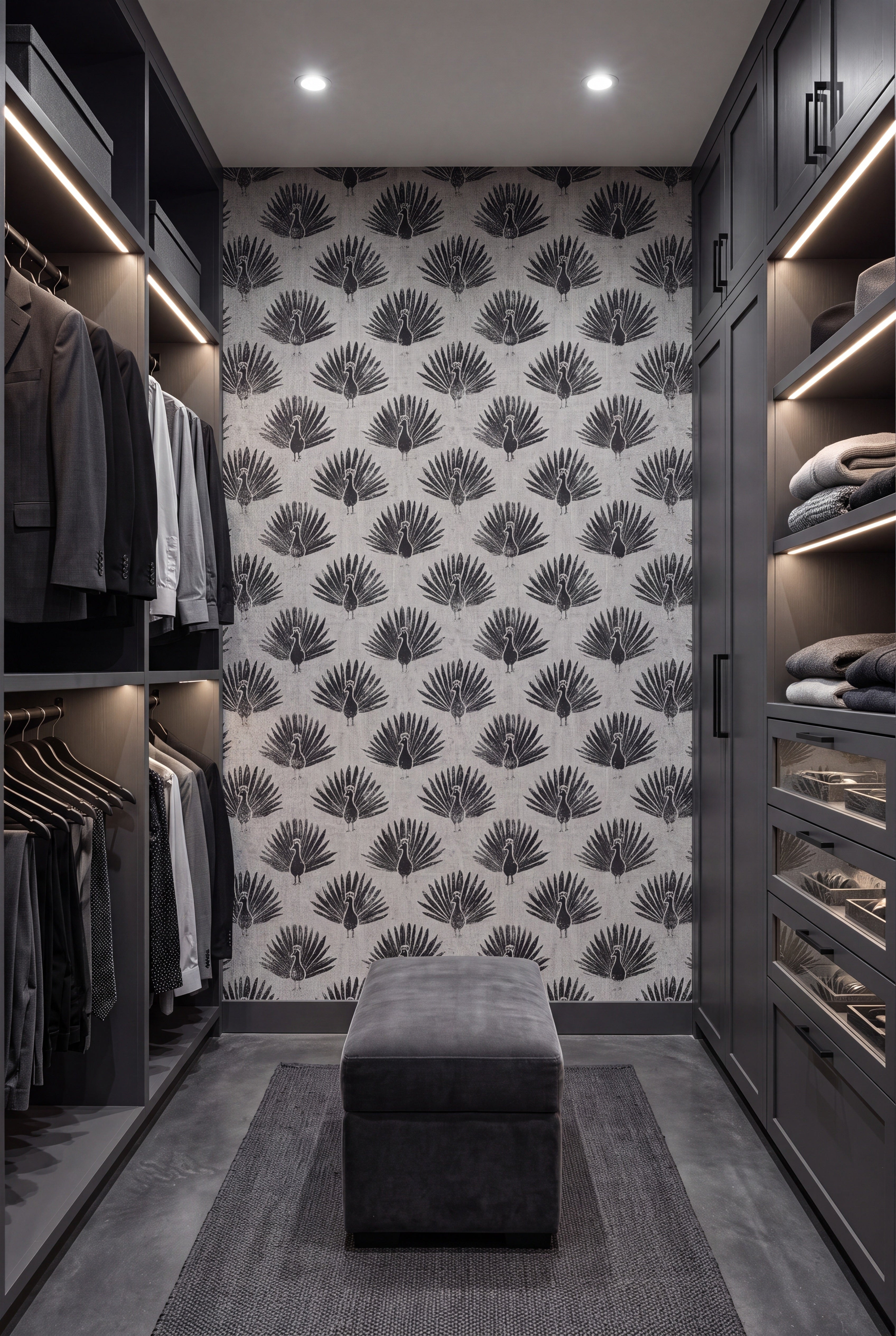 Peacock Noir wallpaper shown in a closet