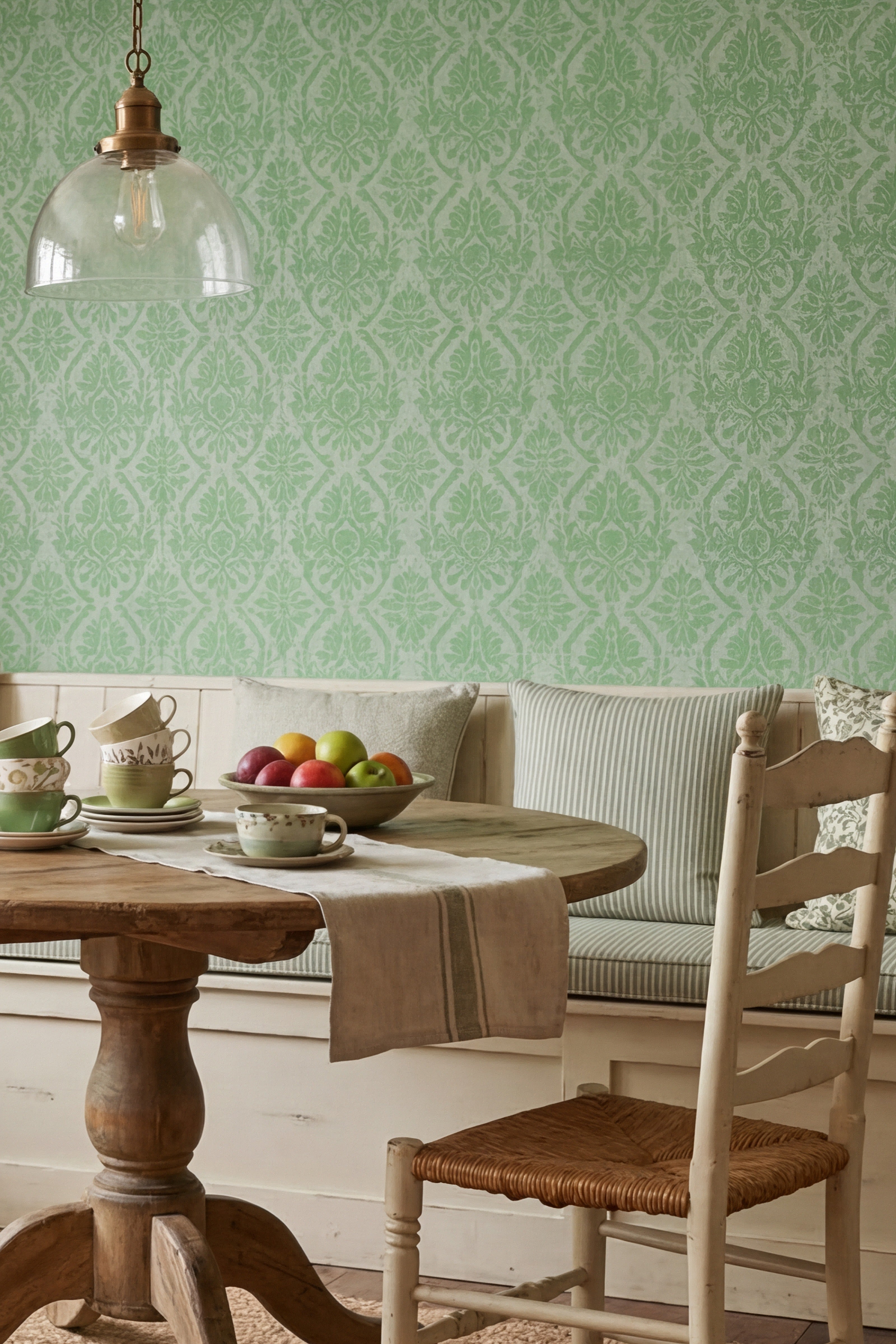 Ivy Damask wallpaper shown in a cozy nook