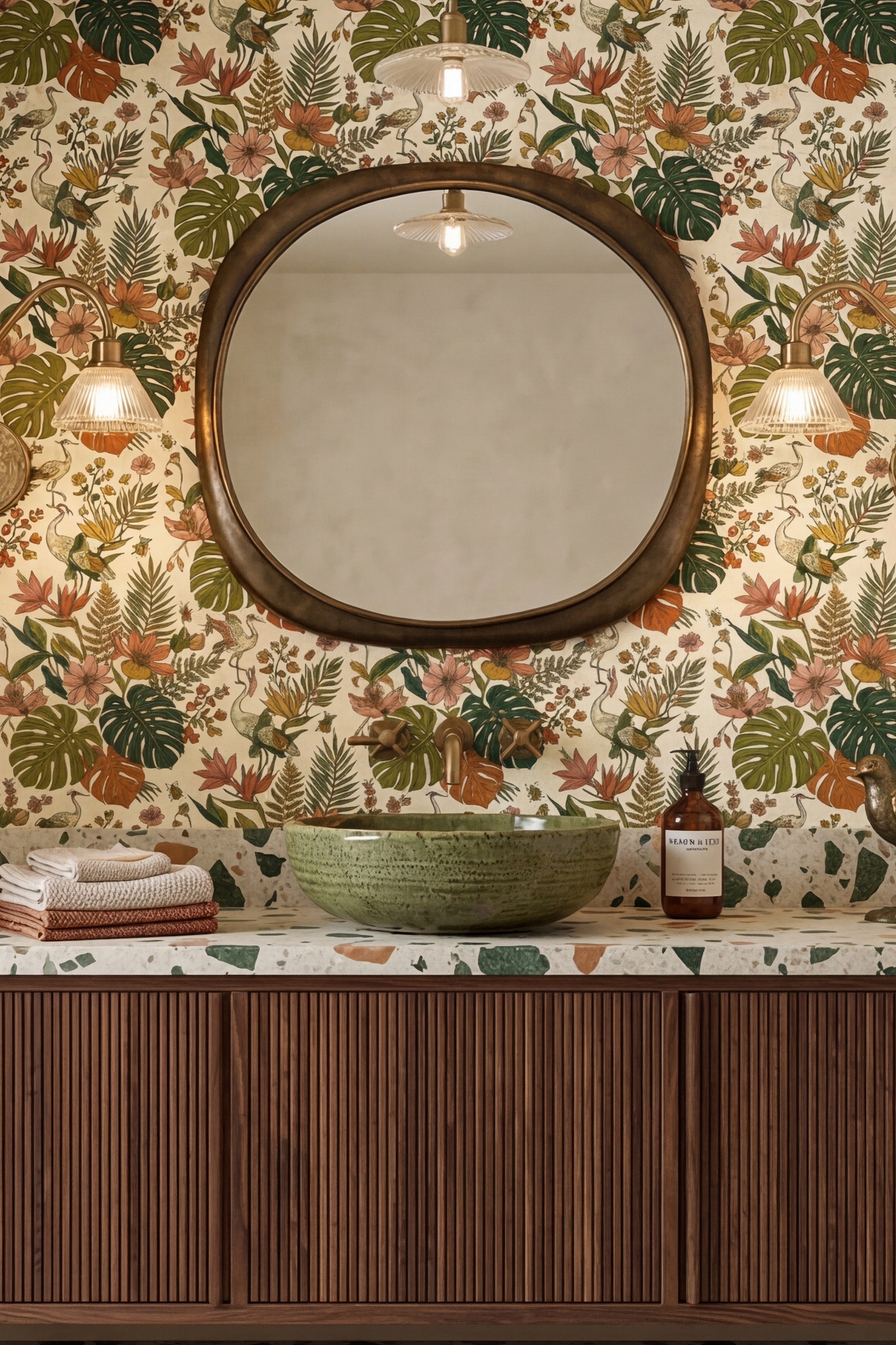 Monstera Mambo wallpaper shown in a powder room