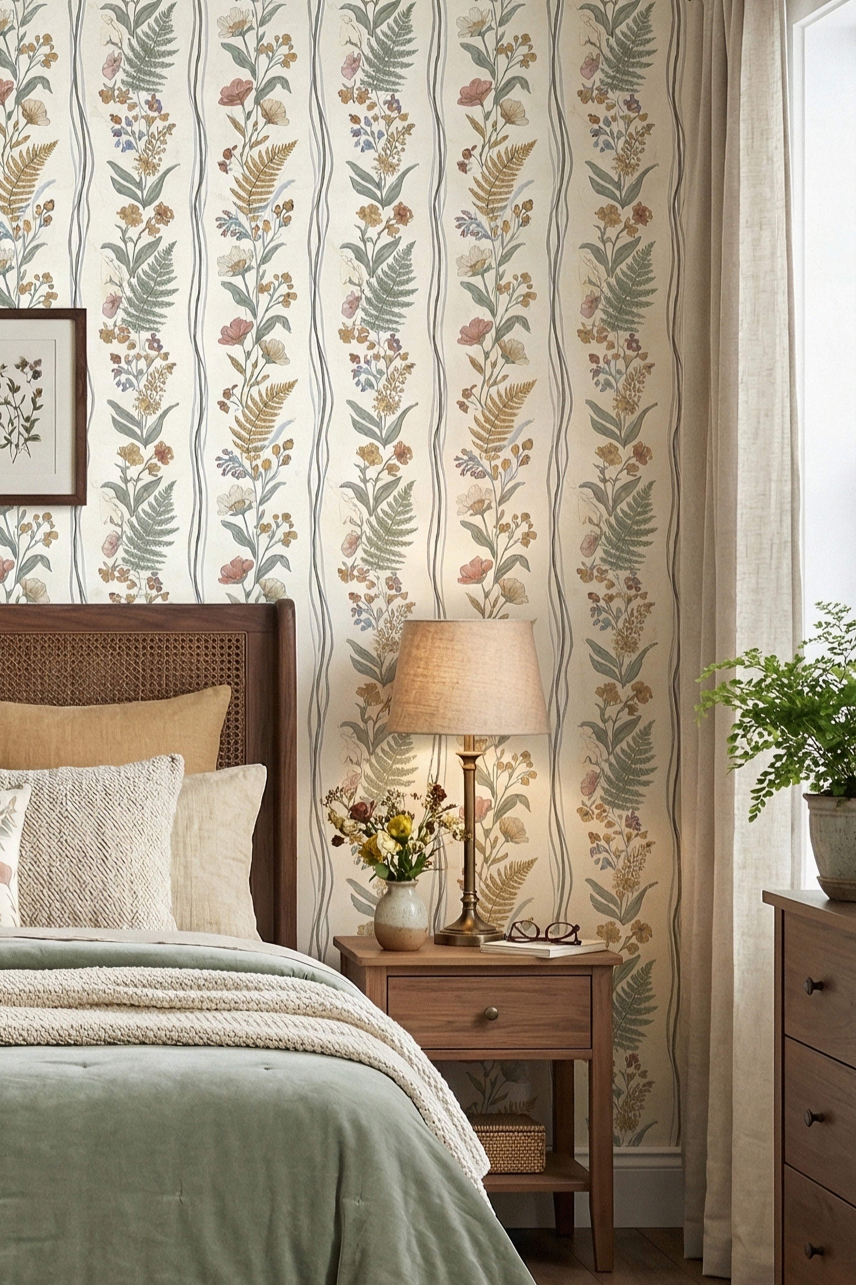 English Posy wallpaper shown in a bedroom